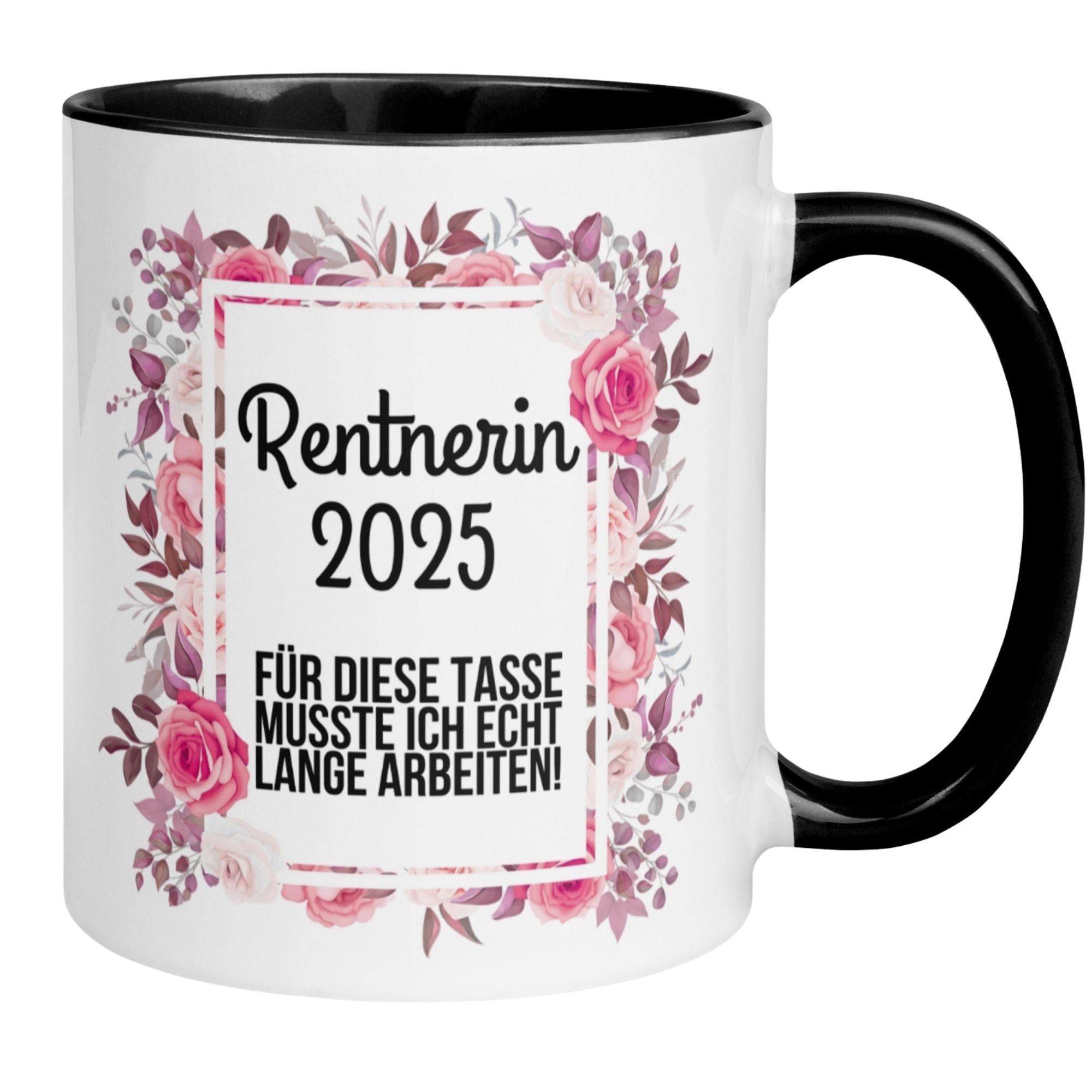 Momentals Tasse für Rentnerin 2025 mit buntem Blumenkranz und Spruch zum Renteneintritt.