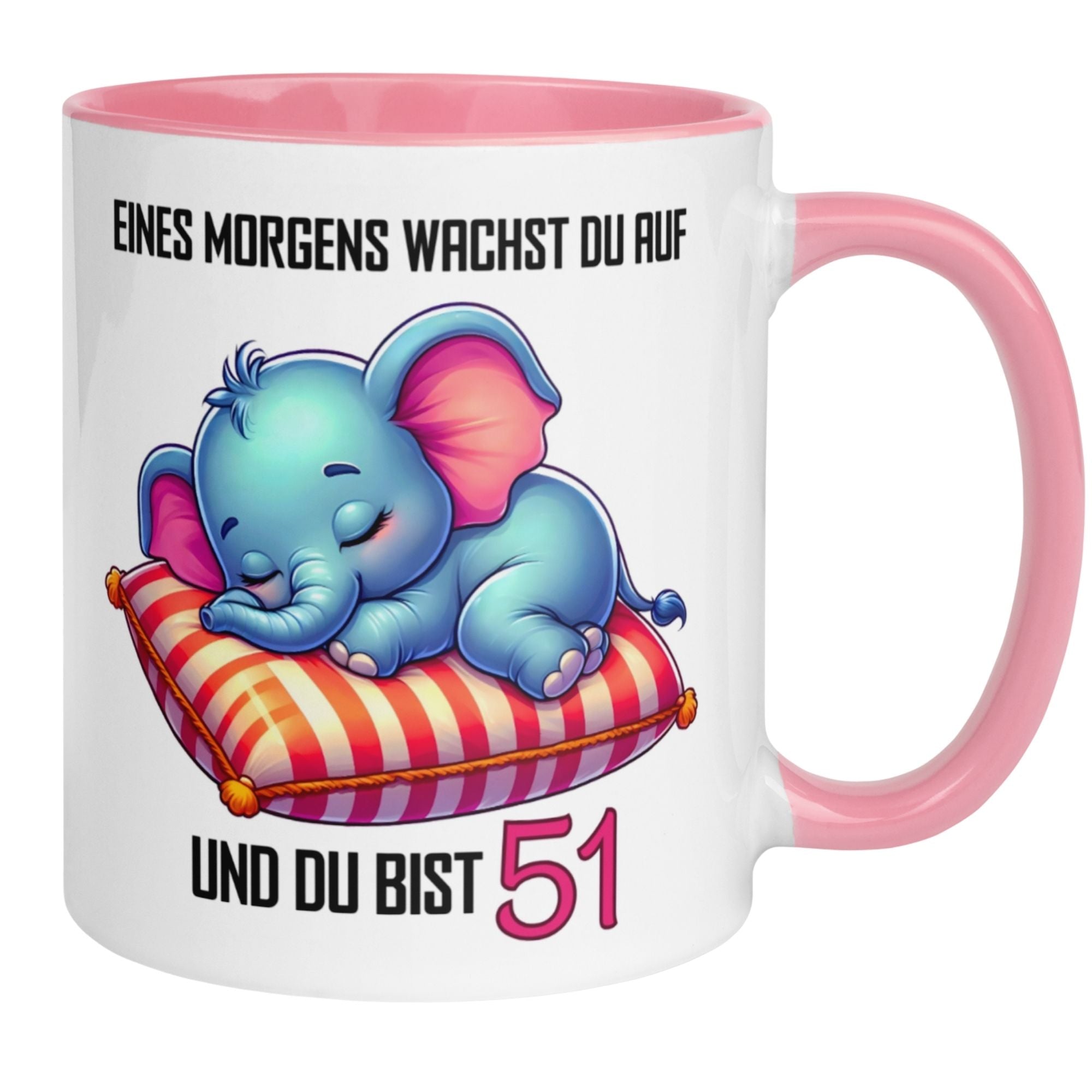Momentals Geburtstags Tasse zum 51. mit einem niedlichen schlafenden Elefant und aufmunterndem Spruch.