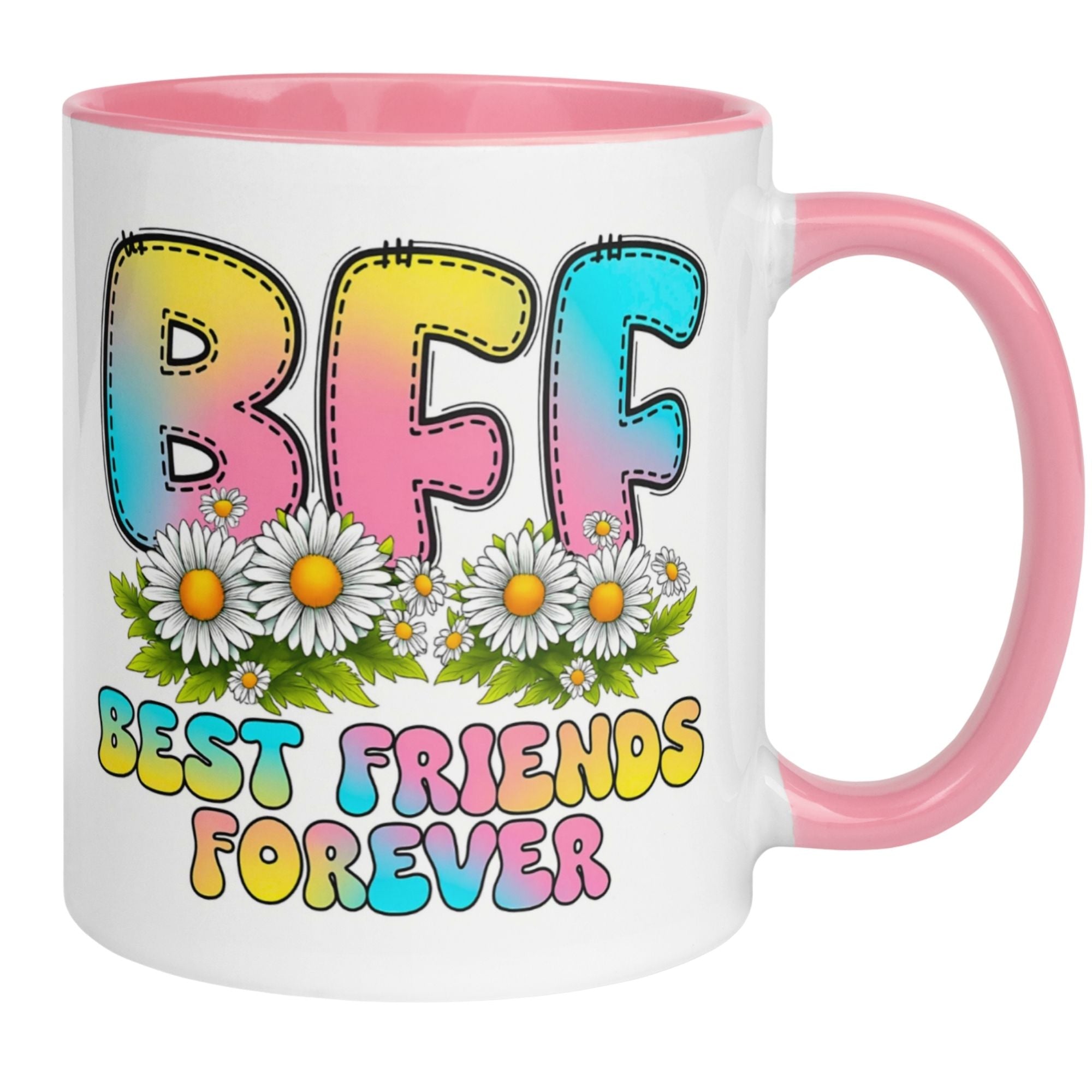 Momentals® Tasse mit buntem "BFF Best Friends Forever" und Blütenmotiv, perfekt für beste Freundinnen.
