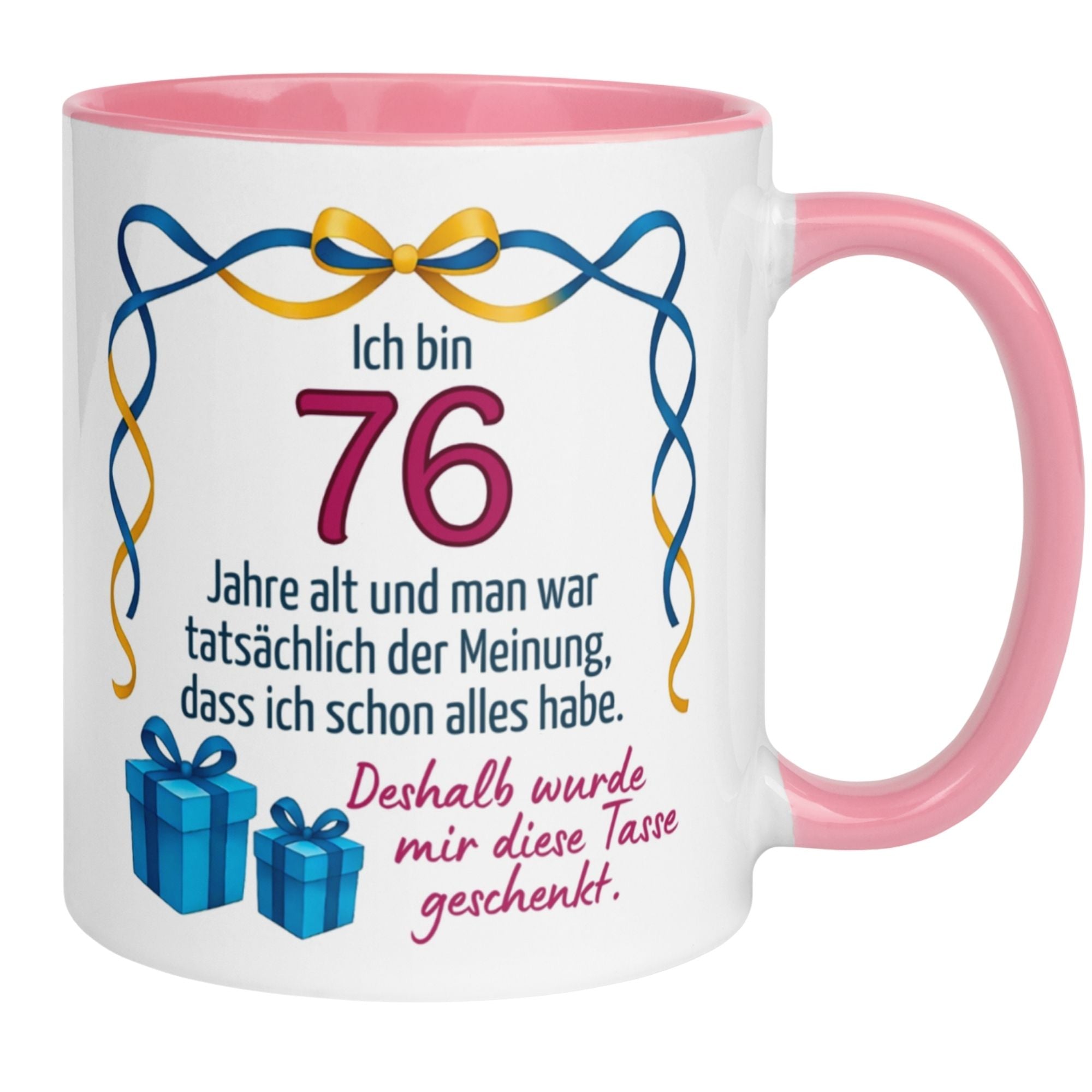 Momentals Tasse zum 76. Geburtstag mit witzigem Spruch und Geschenken, ideal für Frauen.