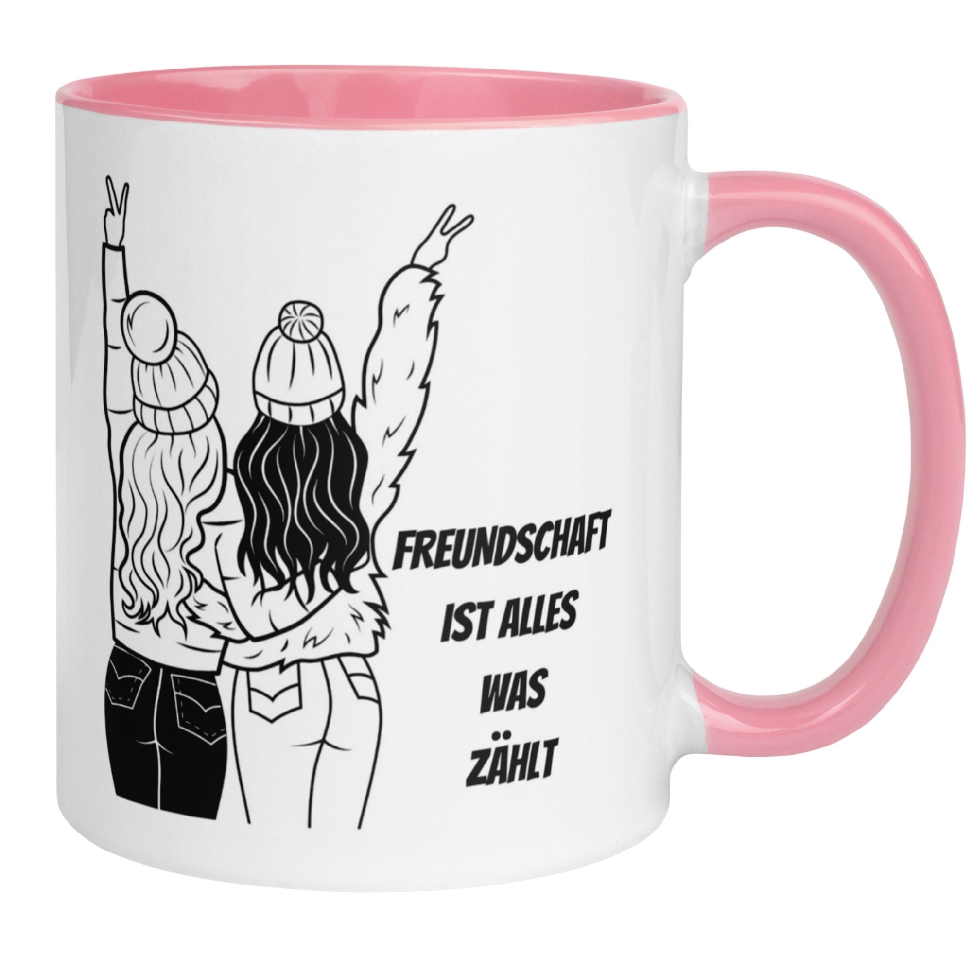 Momentals® Tasse mit zwei Freundinnen in Winteroutfits und dem Spruch "Freundschaft ist alles was zählt"
