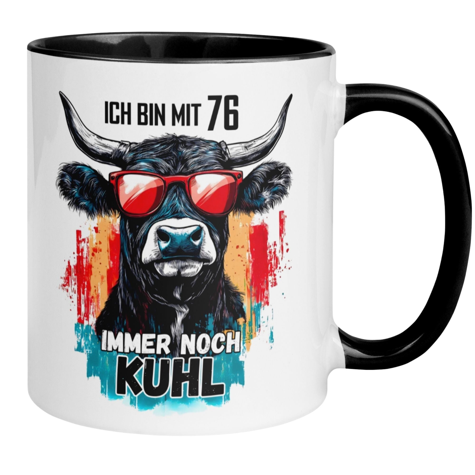 Momentals® Tasse für den 76. Geburtstag mit Kuh-Motiv und Spruch, immer noch kuhl!