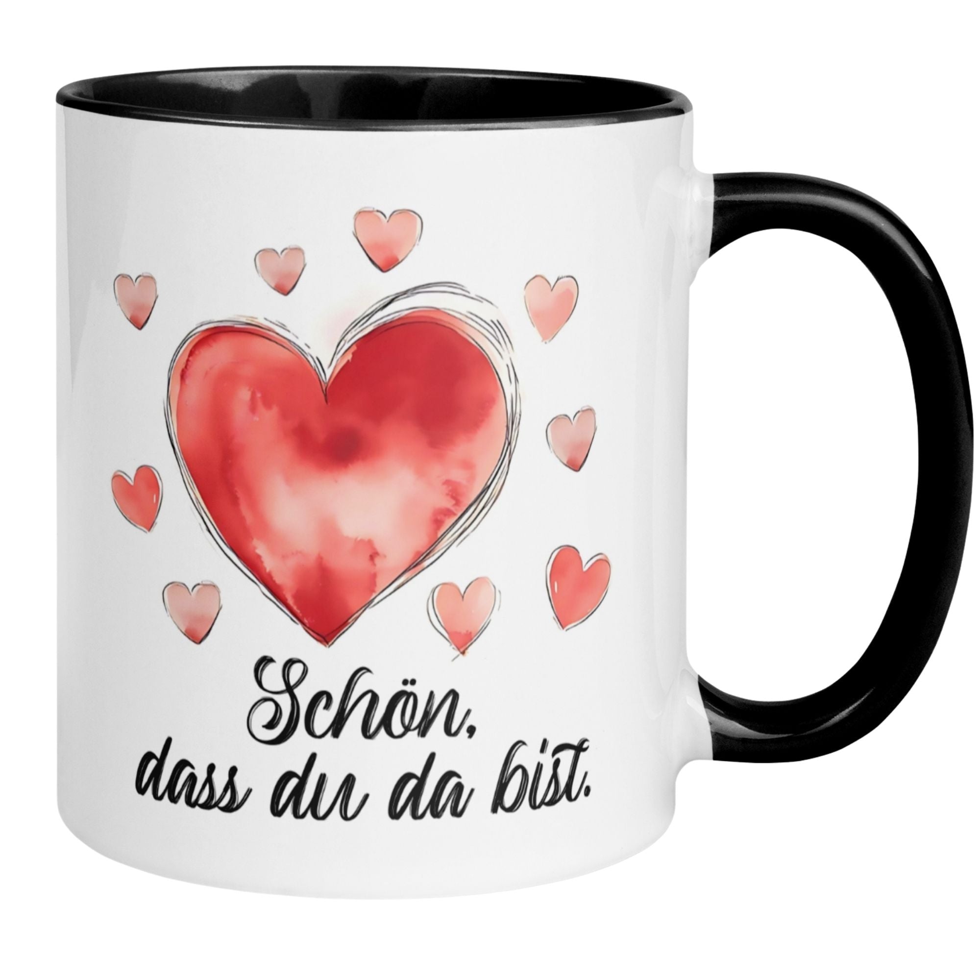 Momentals® Tasse mit herzlichem Design und Dankesbotschaft: "Schön, dass du da bist" in bunten Herzen.