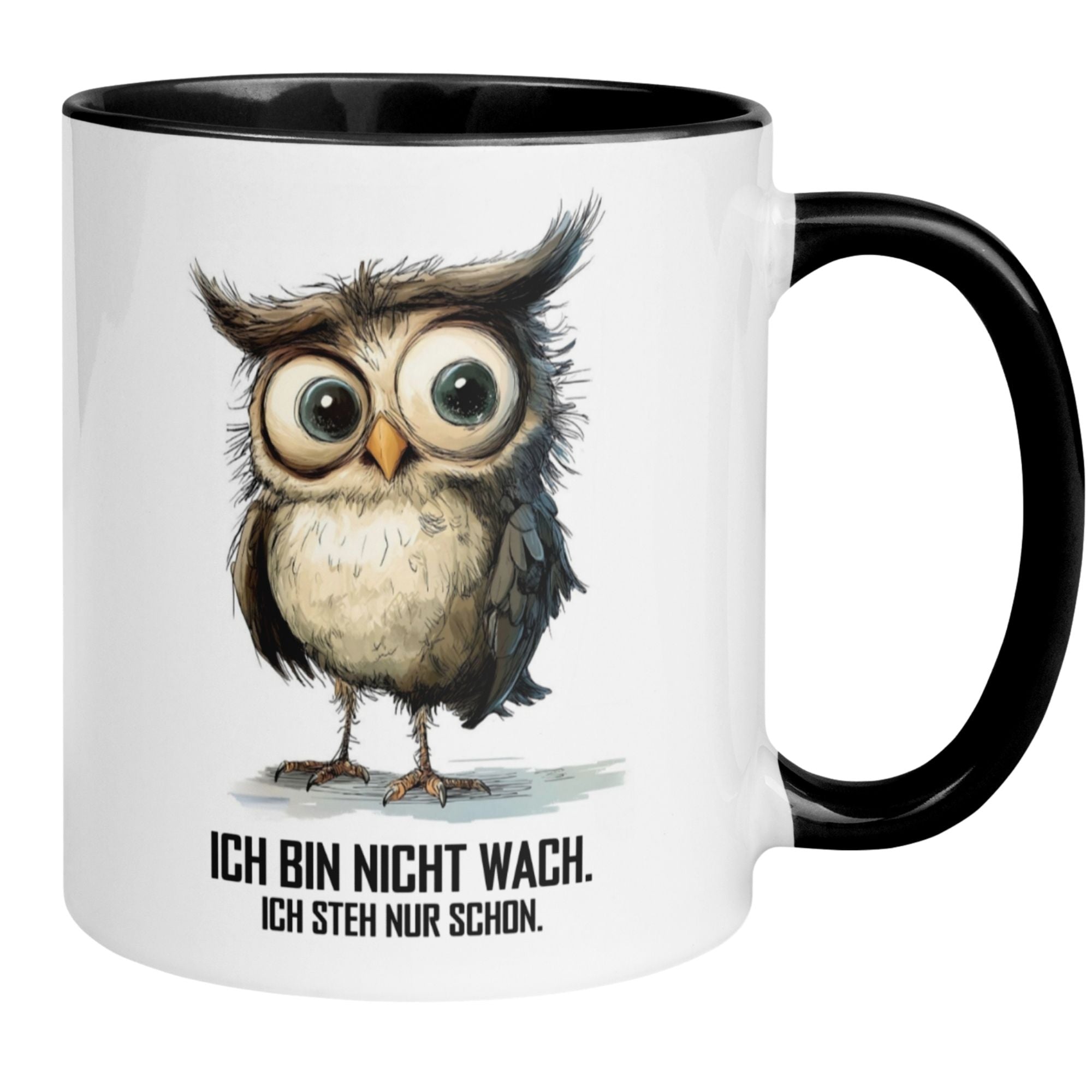 Momentals Tasse mit Eule und Spruch: "Ich bin nicht wach, ich steh nur schon!" für Morgenmuffel.