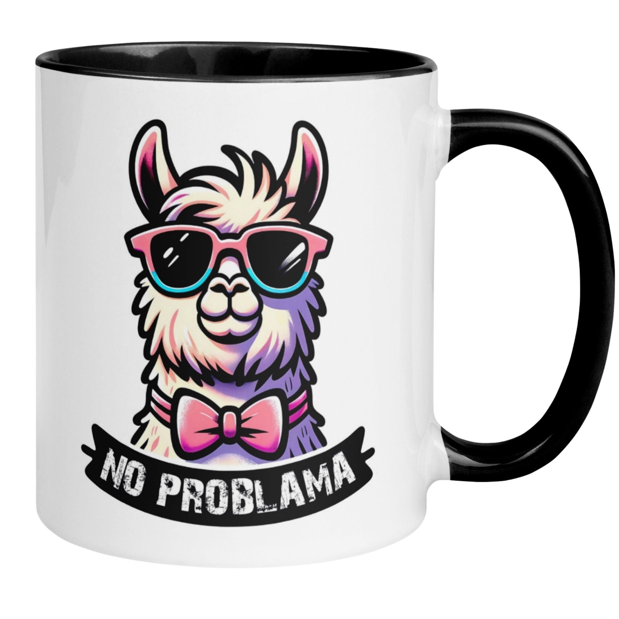 Humorous llama mug with sunglasses and pink bow tie, featuring the phrase 'No Problama'.