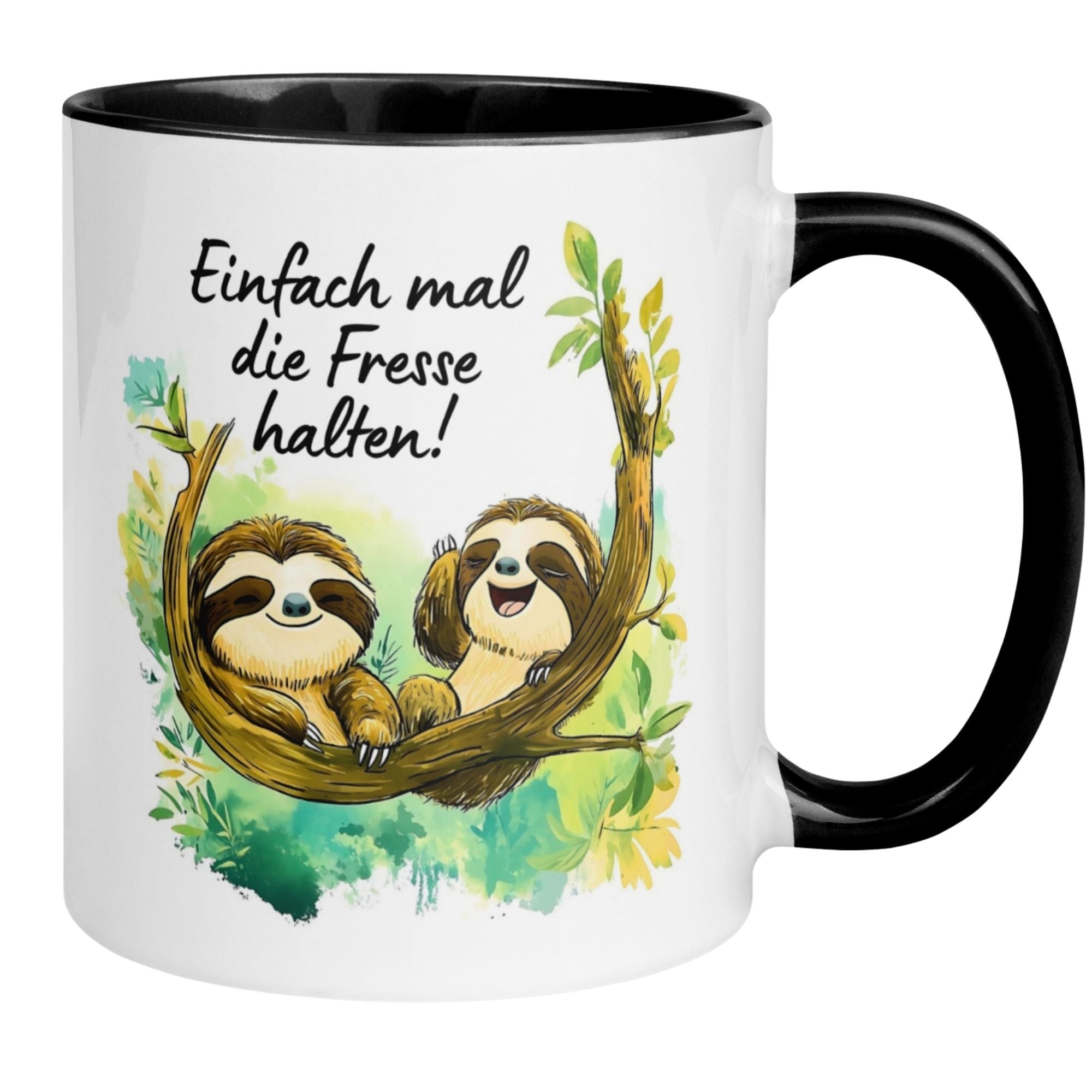 Momentals Tasse mit zwei Faultieren und Spruch "Einfach mal die Fresse halten" auf einem Ast.