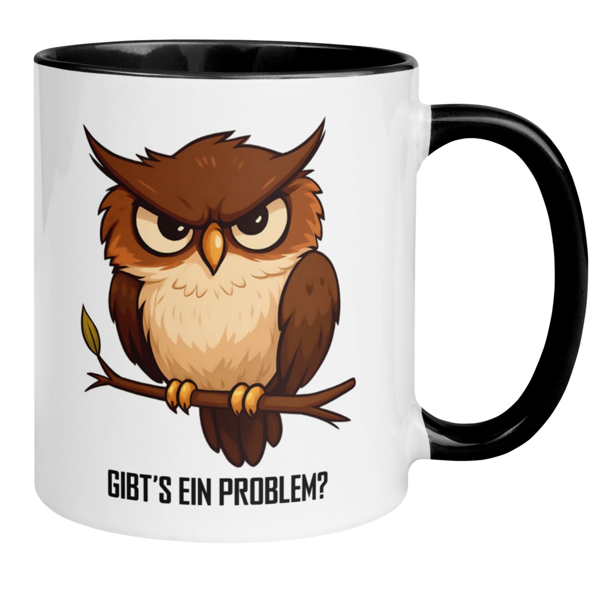 Humorous Momentals mug featuring a grumpy owl and the phrase 'Gibt's ein Problem?' perfect for animal lovers.