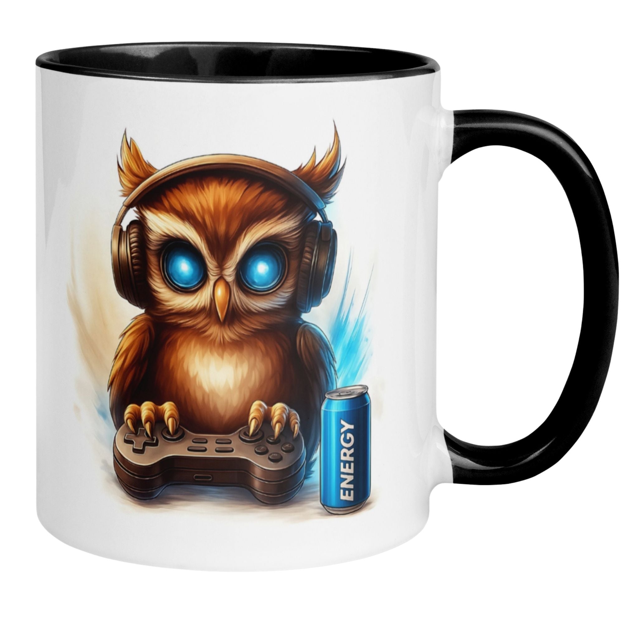 Momentals® Tasse mit nachtleuchtender Gamer-Eule, Headset und Gamepad für leidenschaftliche Zocker.