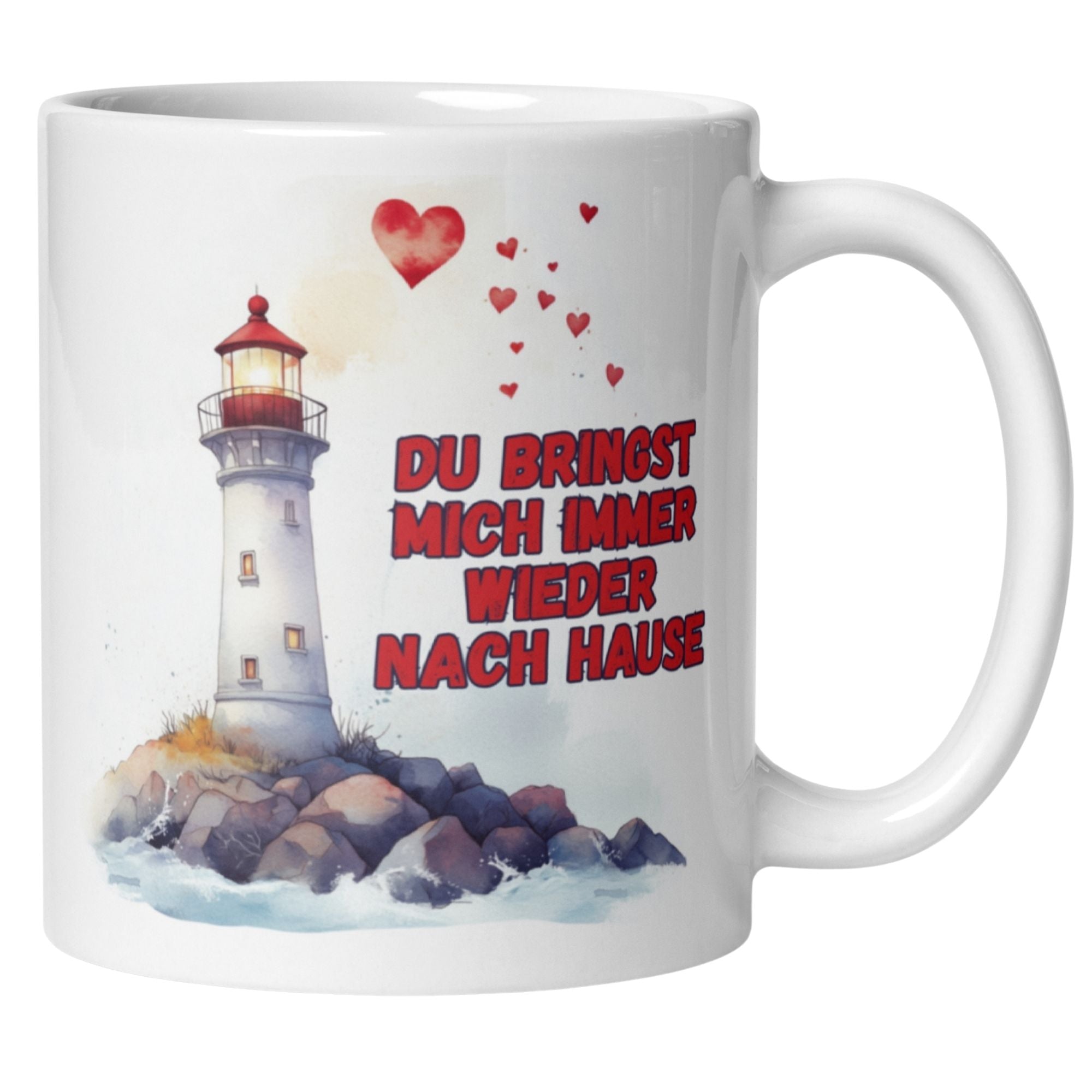 Momentals Tasse mit Leuchtturm und Herzen, Spruch: "Du bringst mich immer wieder nach Hause".