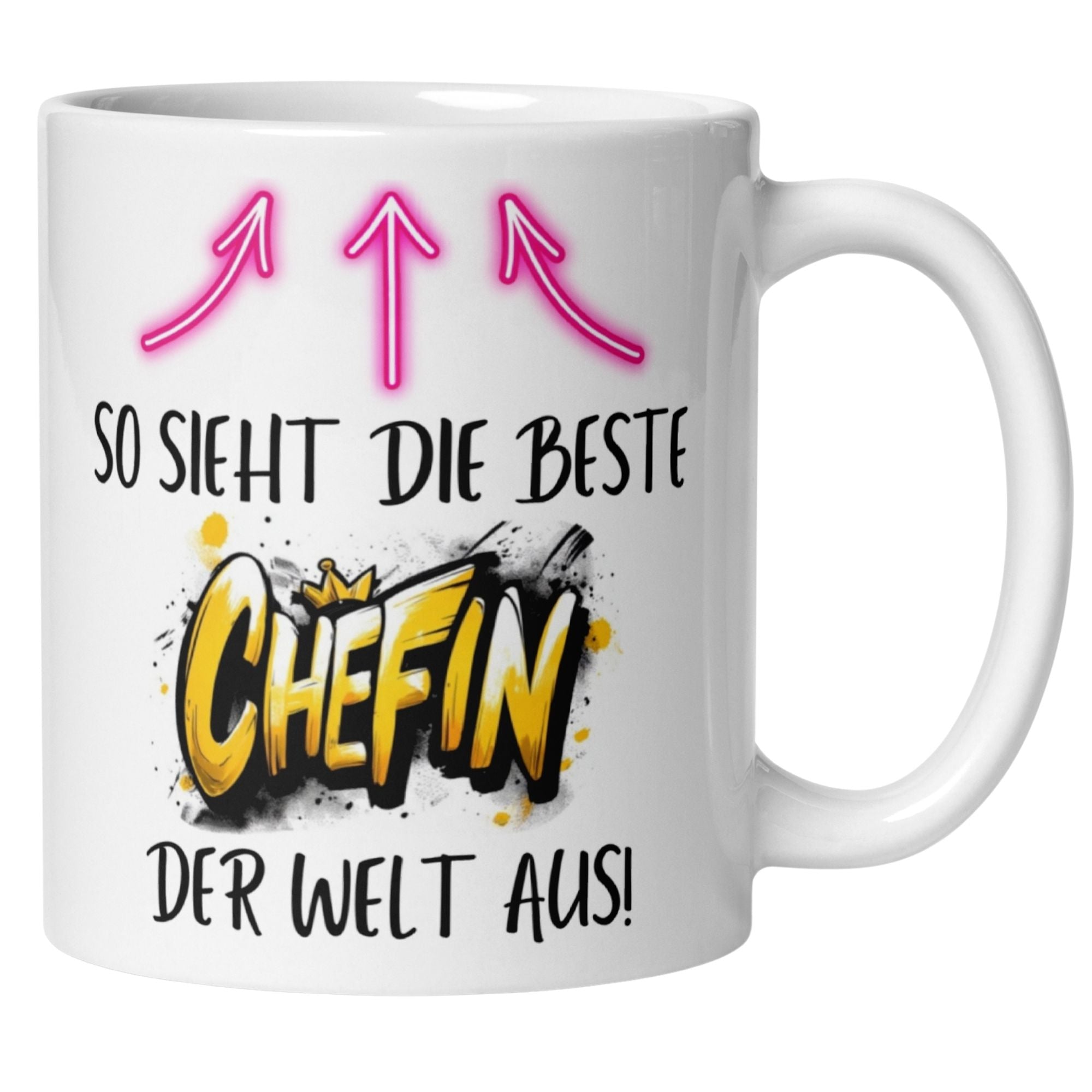 Momentals Tasse Chefin mit Spruch: "So sieht die beste Chefin der Welt aus!" für ein humorvolles Abschiedsgeschenk.