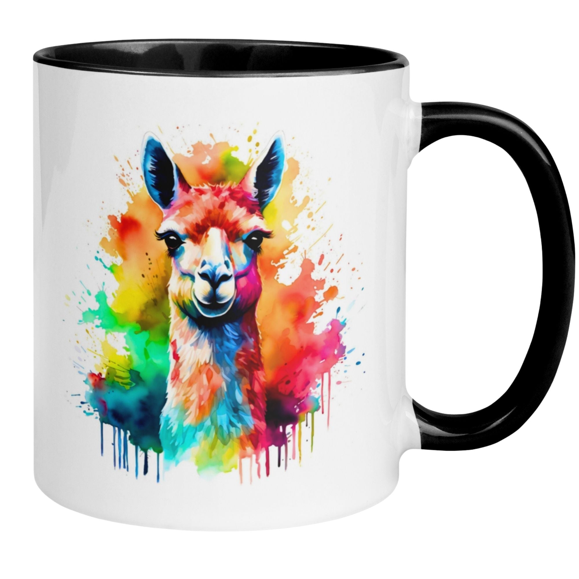 Momentals Tasse mit bunter Lama-Aquarellgrafik und schwarzem Henkel, humorvoll und farbenfroh.