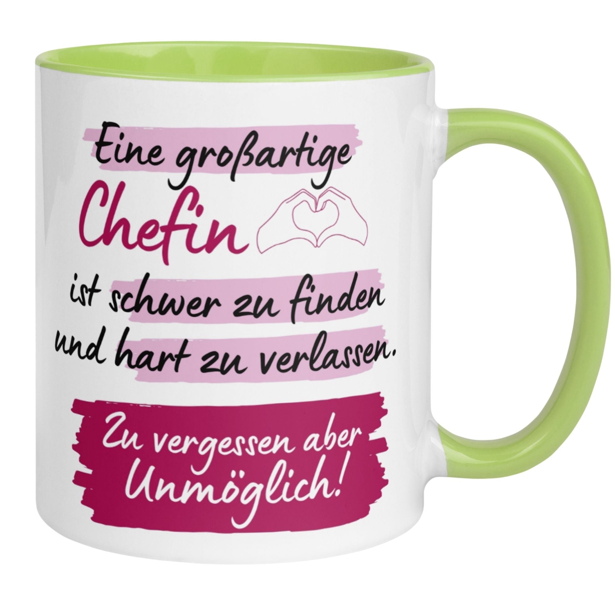 Momentals® Tasse für Chefin mit humorvollem Abschiedstext in Pink-Lila-Aquarelldesign.