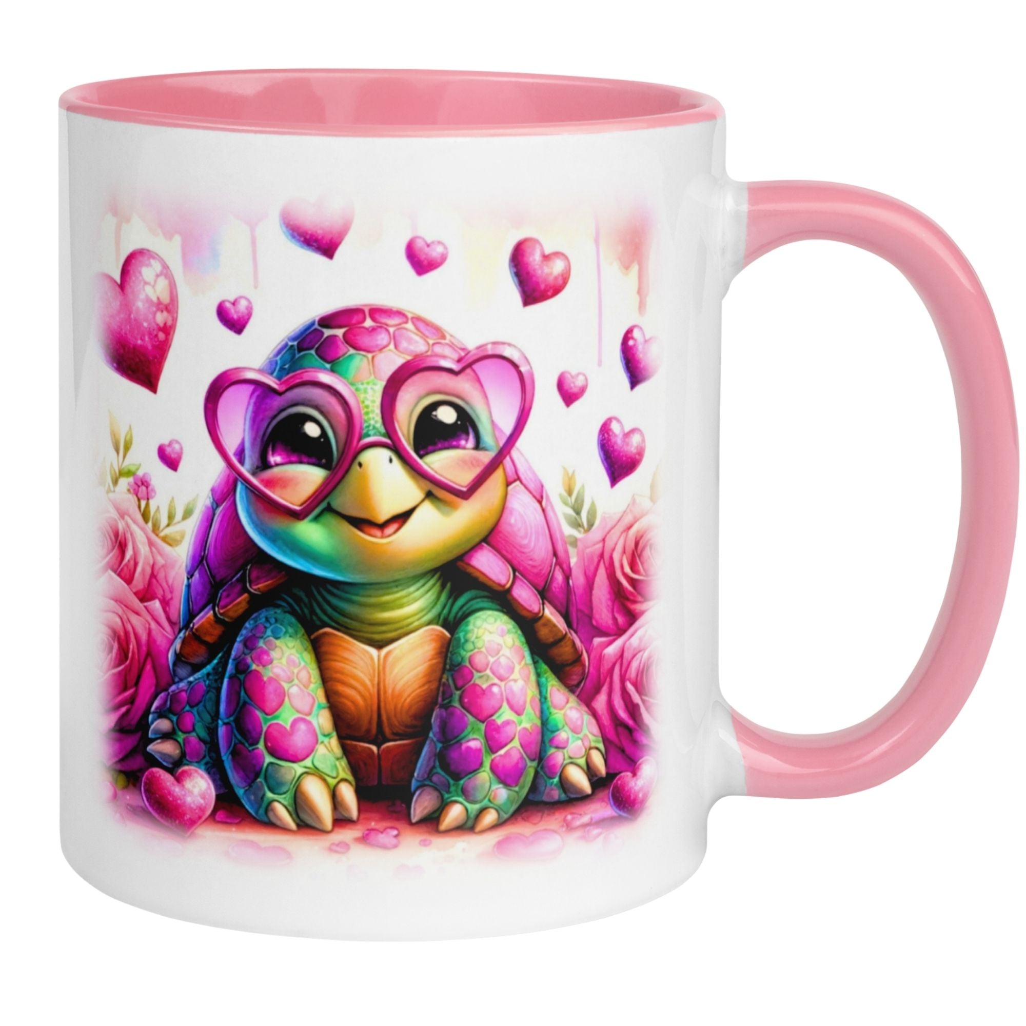 Tasse | Schildkröte mit Herzbrille & Rosen | Rosa Herzdesign für Verliebte