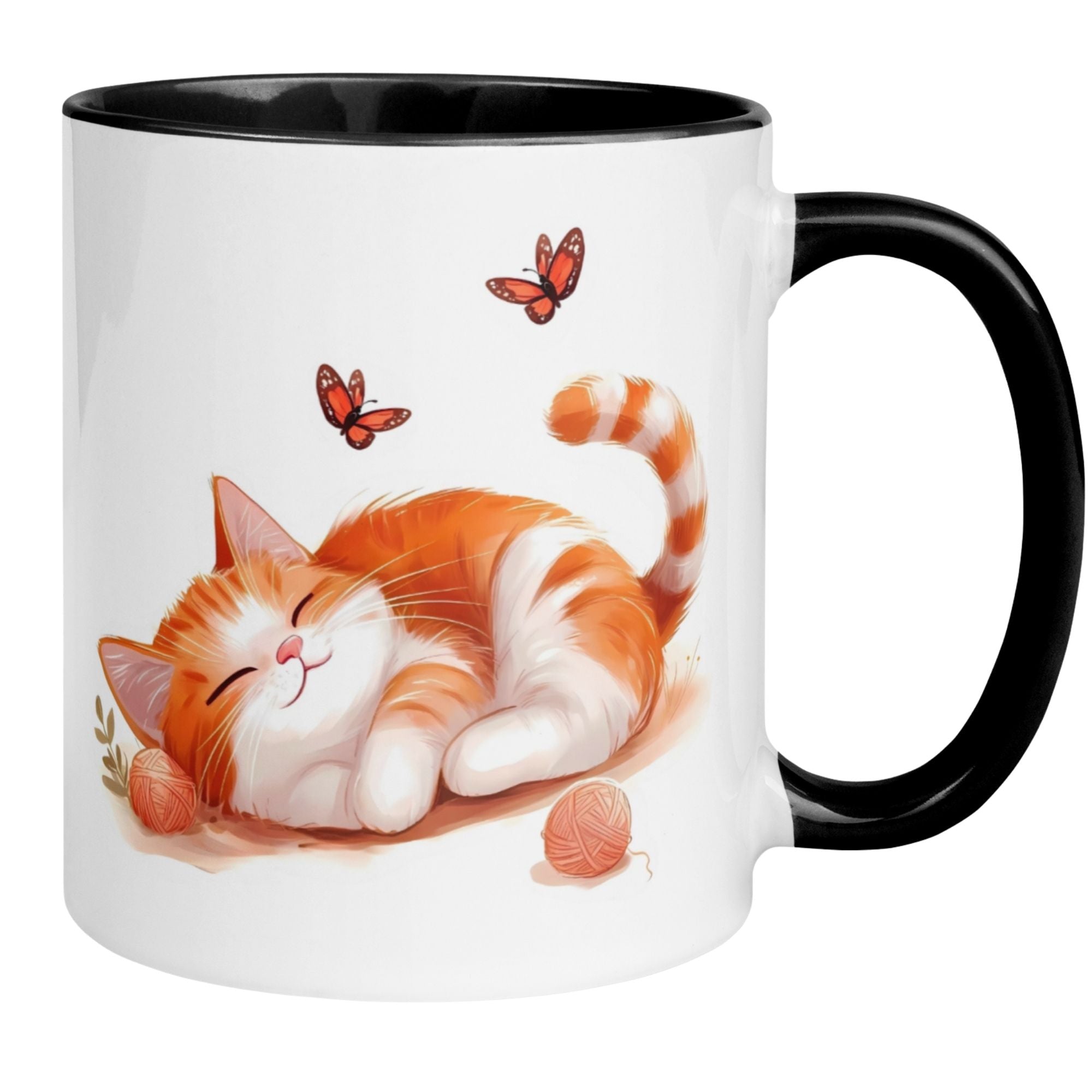Momentals® Tasse mit schlafender rotgetigerter Katze und Wollknäueln für Morgenmuffel.