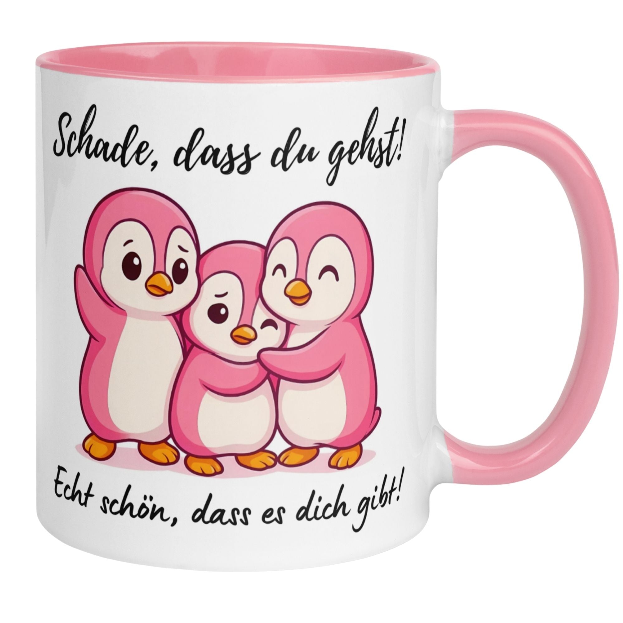 Momentals Tasse mit rosa Pinguinen und Spruch: "Schade, dass du gehst!" für herzliche Abschiede.