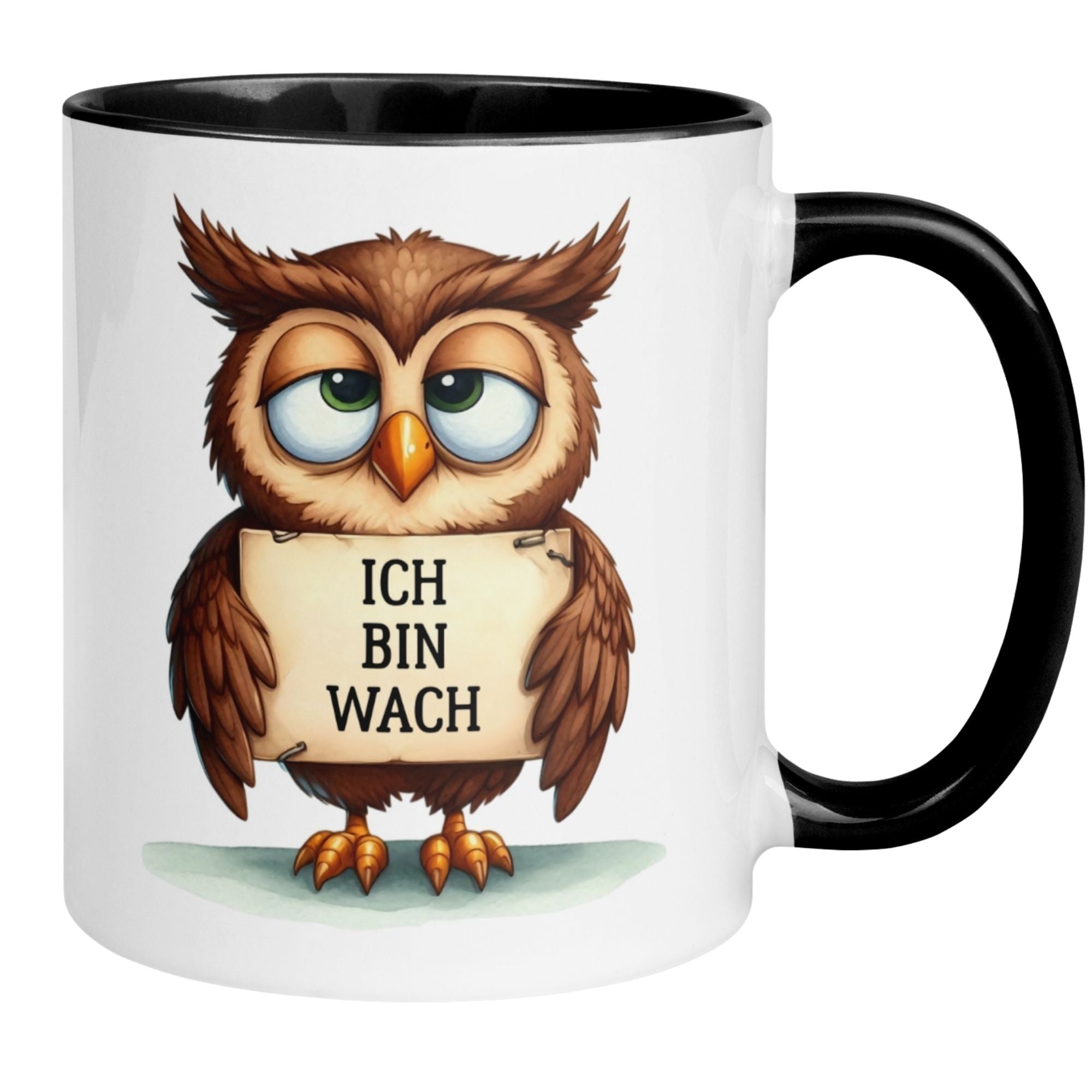 Momentals® Tasse mit Eule und dem Spruch "Ich bin wach" für Morgenmuffel mit Humor.