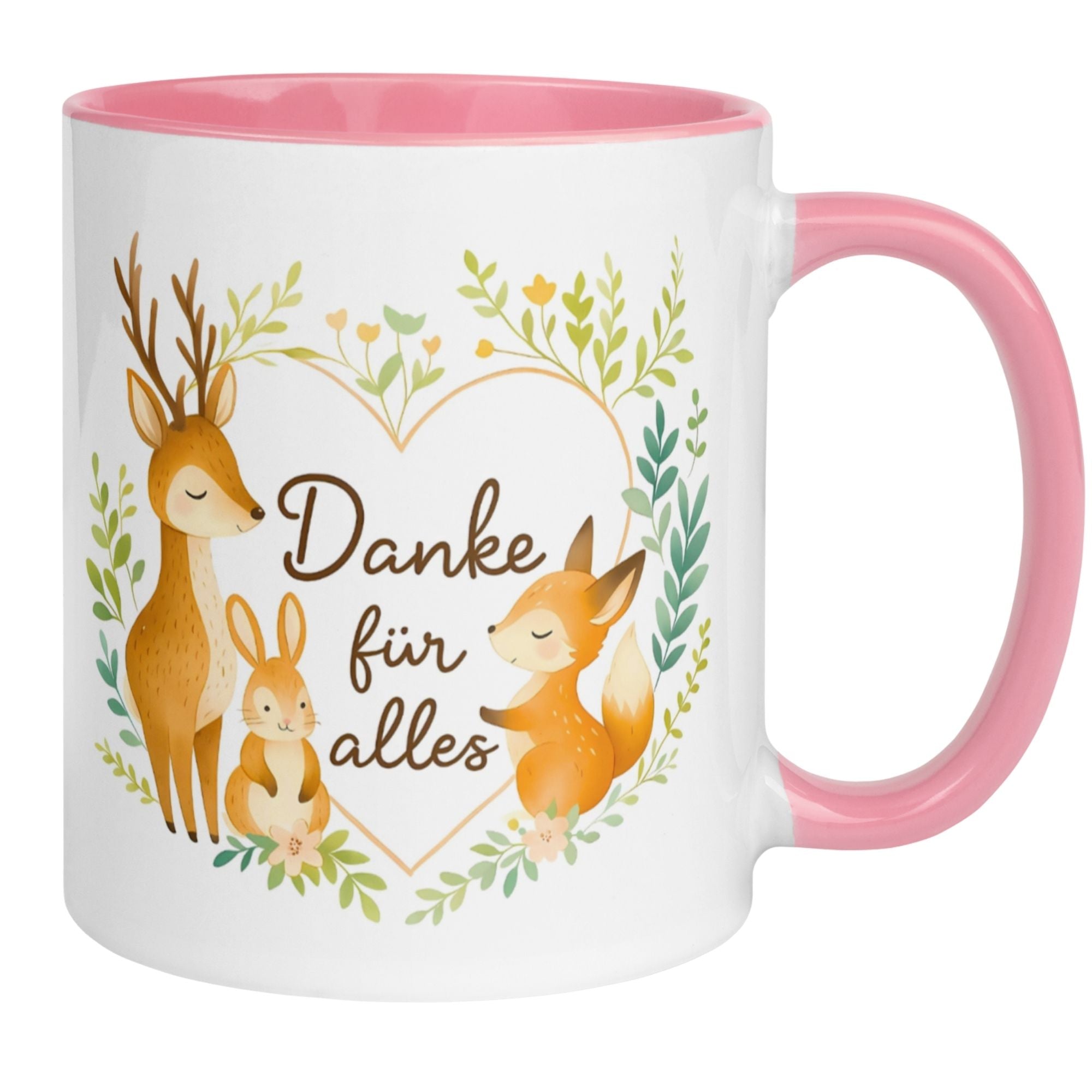 Momentals Tasse mit Waldtieren und Spruch "Danke für alles" in fröhlichen Farben.