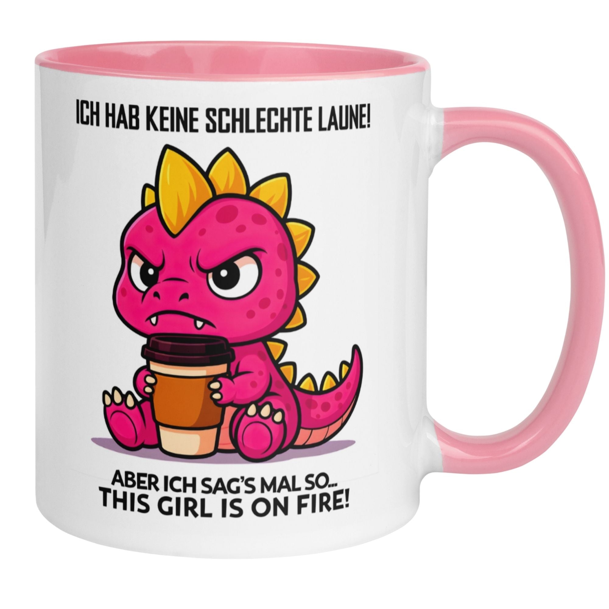 Tasse Dinosaurier – „This girl is on fire“ – Dino Geschenk Becher für Morgenmuffel