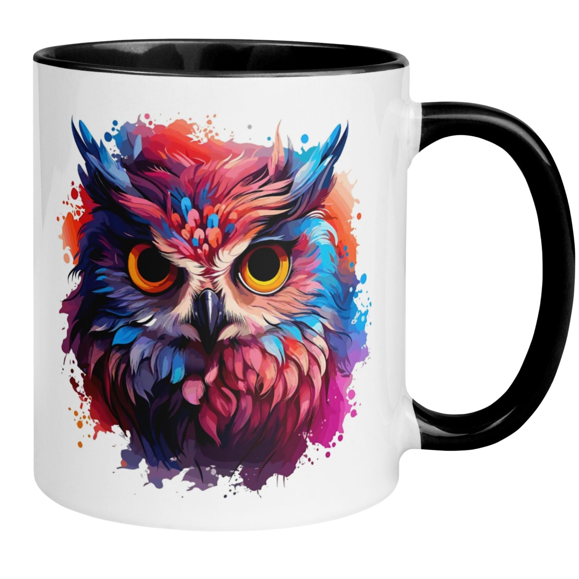 Bunte Momentals Tasse mit Eule im Aquarell-Stil und hypnotisierendem Blick.