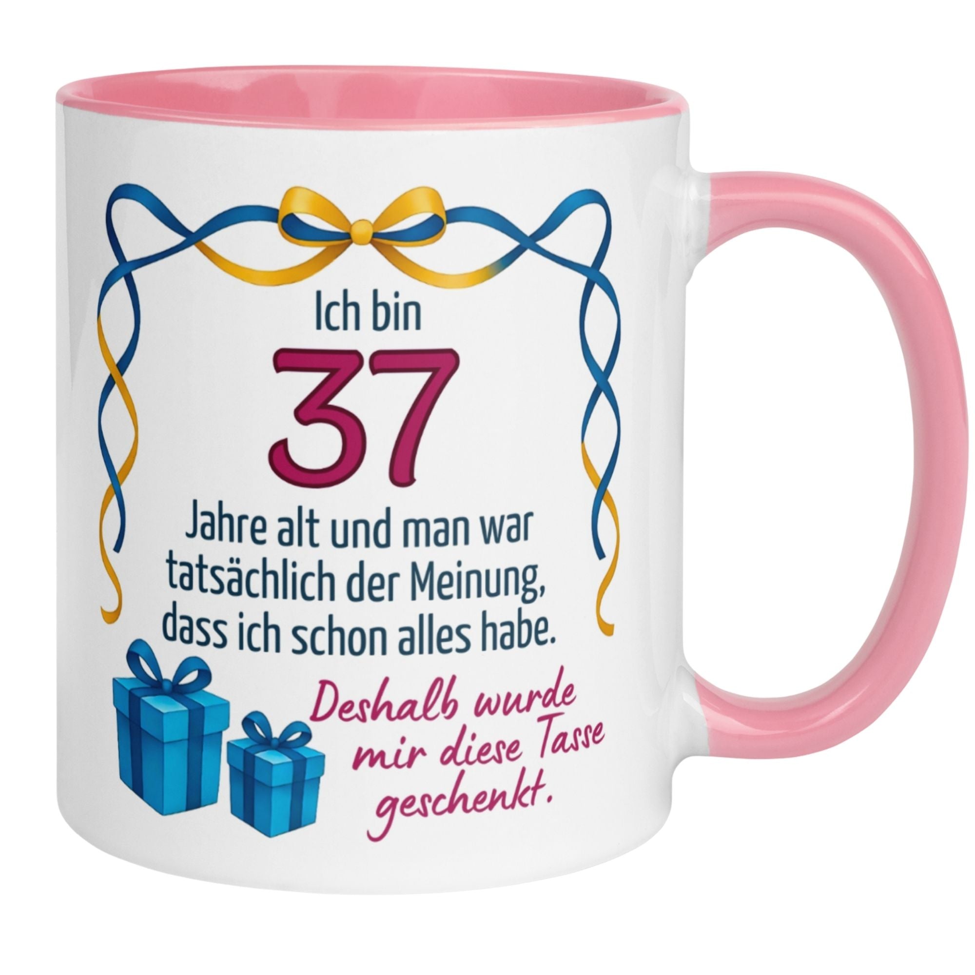 Momentals® Tasse für den 37. Geburtstag mit humorvollem Spruch und Geschenken, ideal für Frauen.