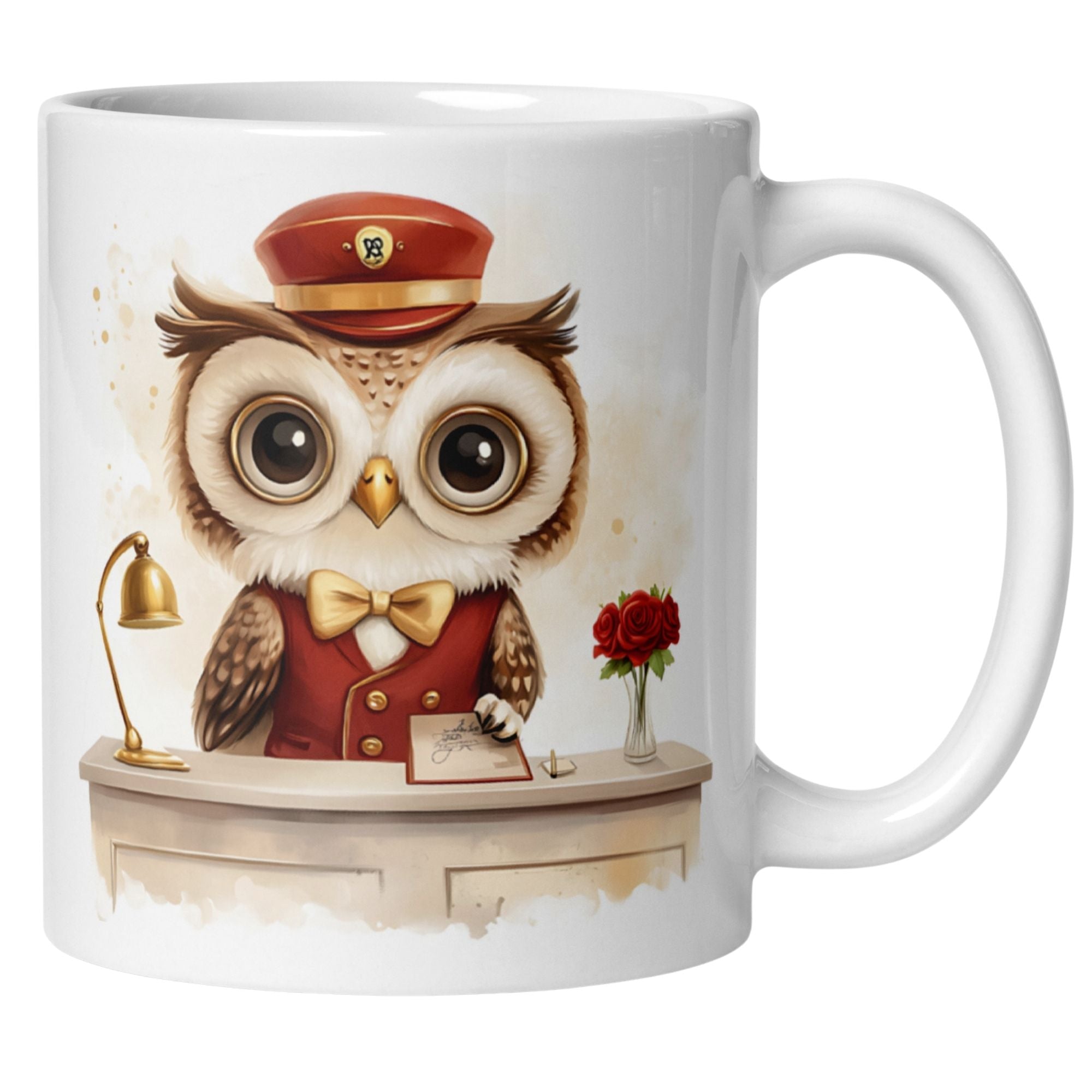 Momentals Tasse mit humorvoller Eule im Empfangsdienst, rot uniformiert am Schreibtisch, charmant und witzig.