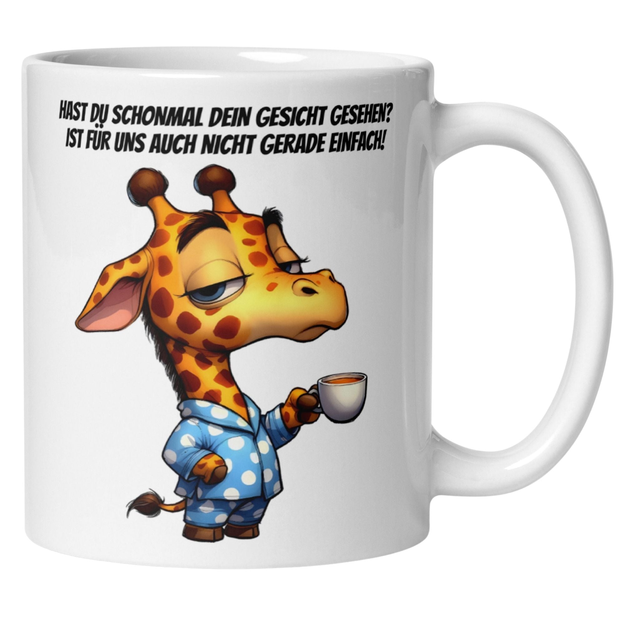 Momentals Tasse für Morgenmuffel mit Giraffe in Pyjama und Spruch über Gesicht sehen.