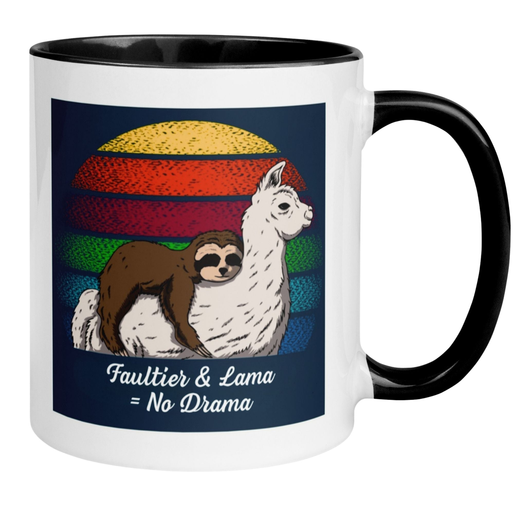 Momentals Tasse mit Faultier und Lama, Motiv "Faultier & Lama = No Drama" auf buntem Hintergrund.