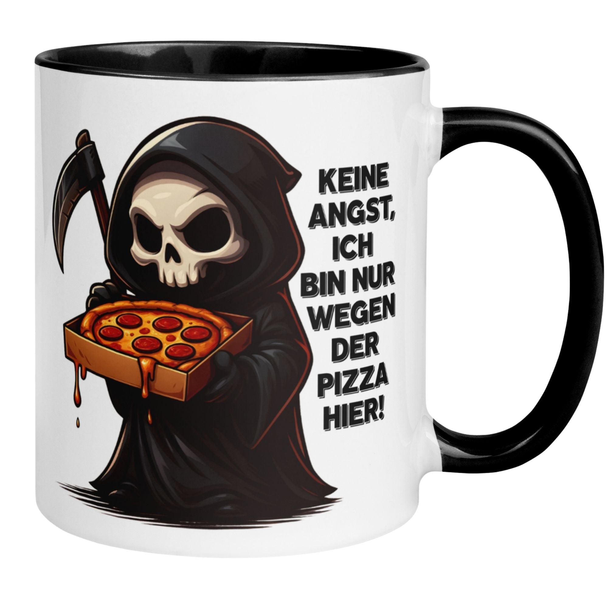 Tasse Sensenmann – „Ich bin nur wegen der Pizza hier“ – Lustige Kaffeetasse mit Spruch
