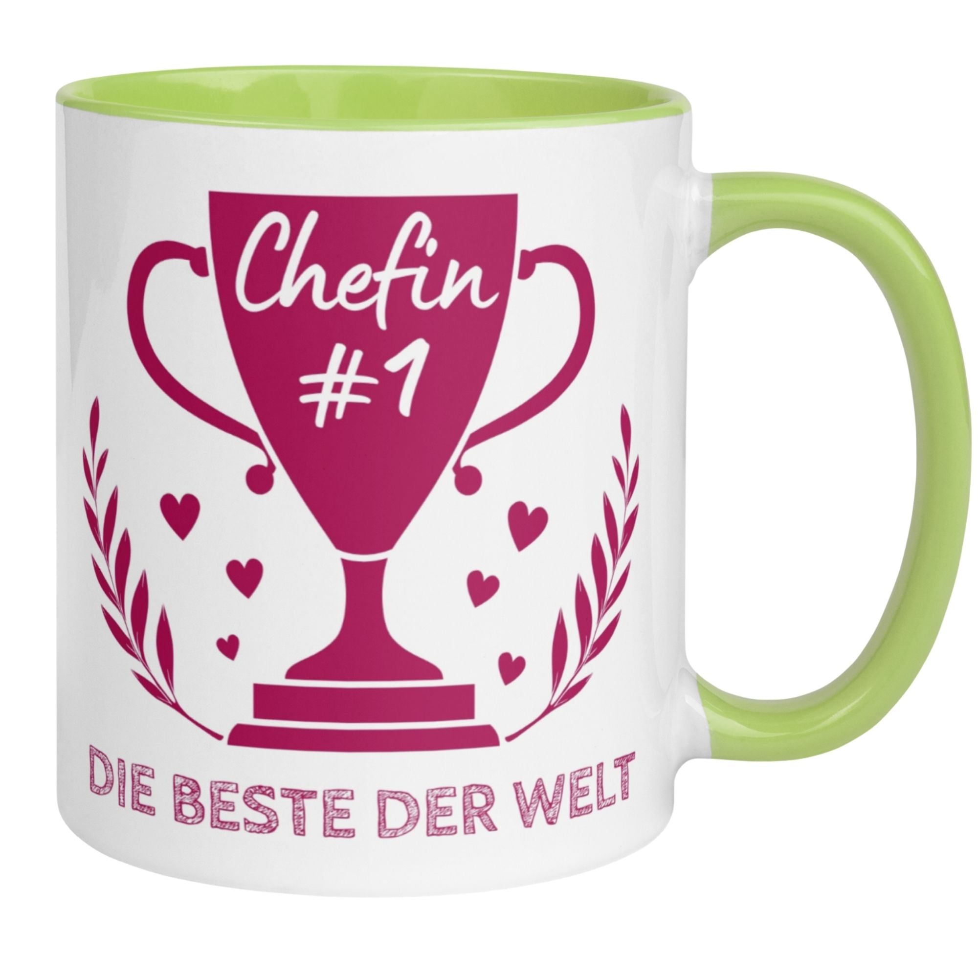 Bunte Tasse mit Pokal-Design und Schriftzug "Chefin #1 - Die Beste der Welt" für Chefinnen-Geschenke.