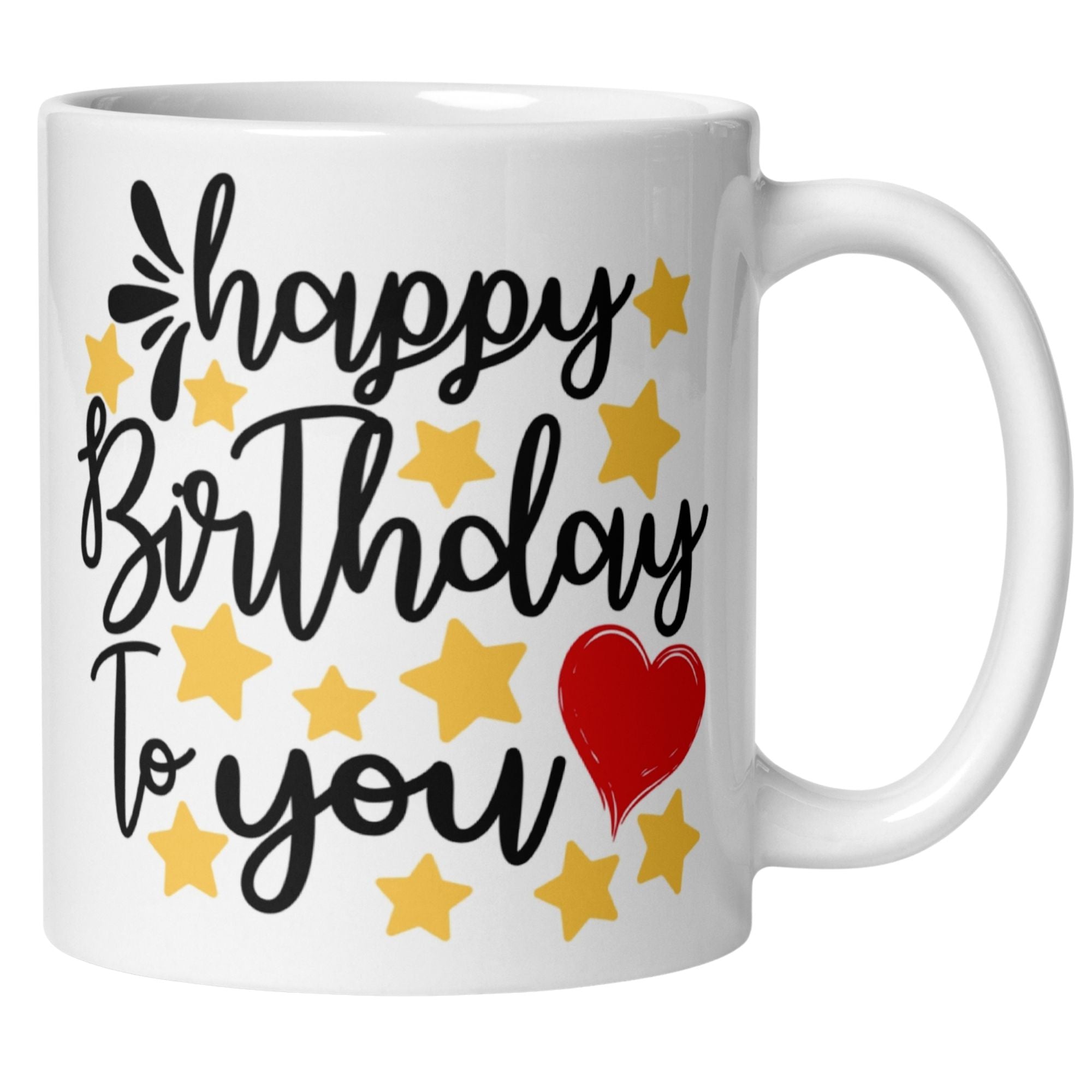 White mug with gold stars and red heart, featuring "Happy Birthday to you" text, perfect birthday gift.