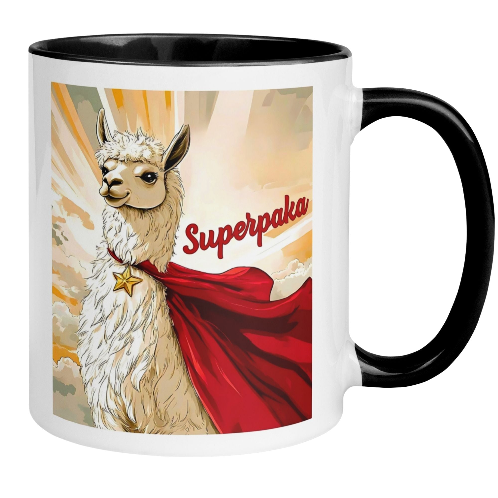 Momentals Tasse mit Superhelden-Alpaka im roten Cape und Spruch Superpaka, ideal für Tierliebhaber.