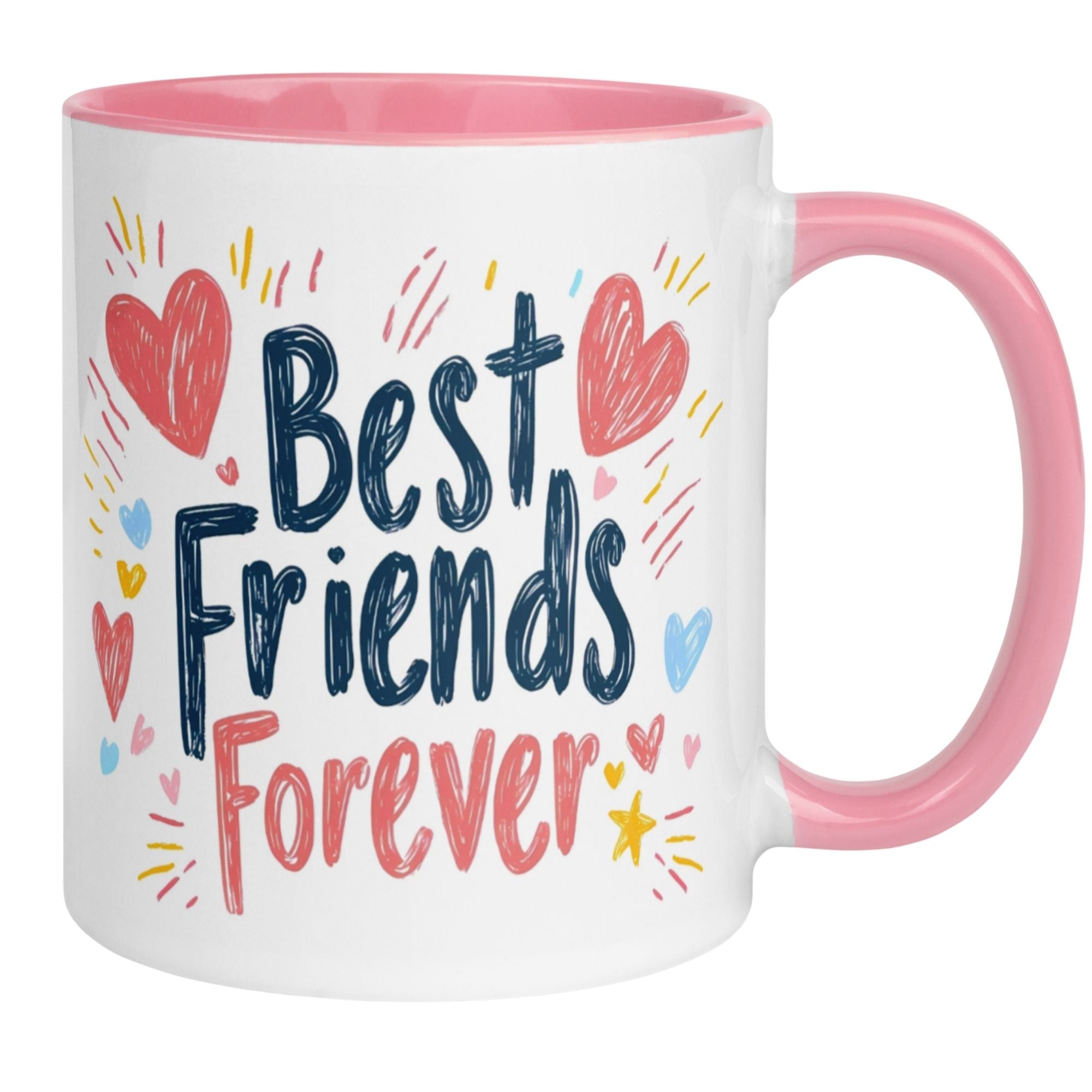Momentals Tasse mit Aufschrift 'Best Friends Forever' und bunten Herz-Motiven, ideal für beste Freundinnen.