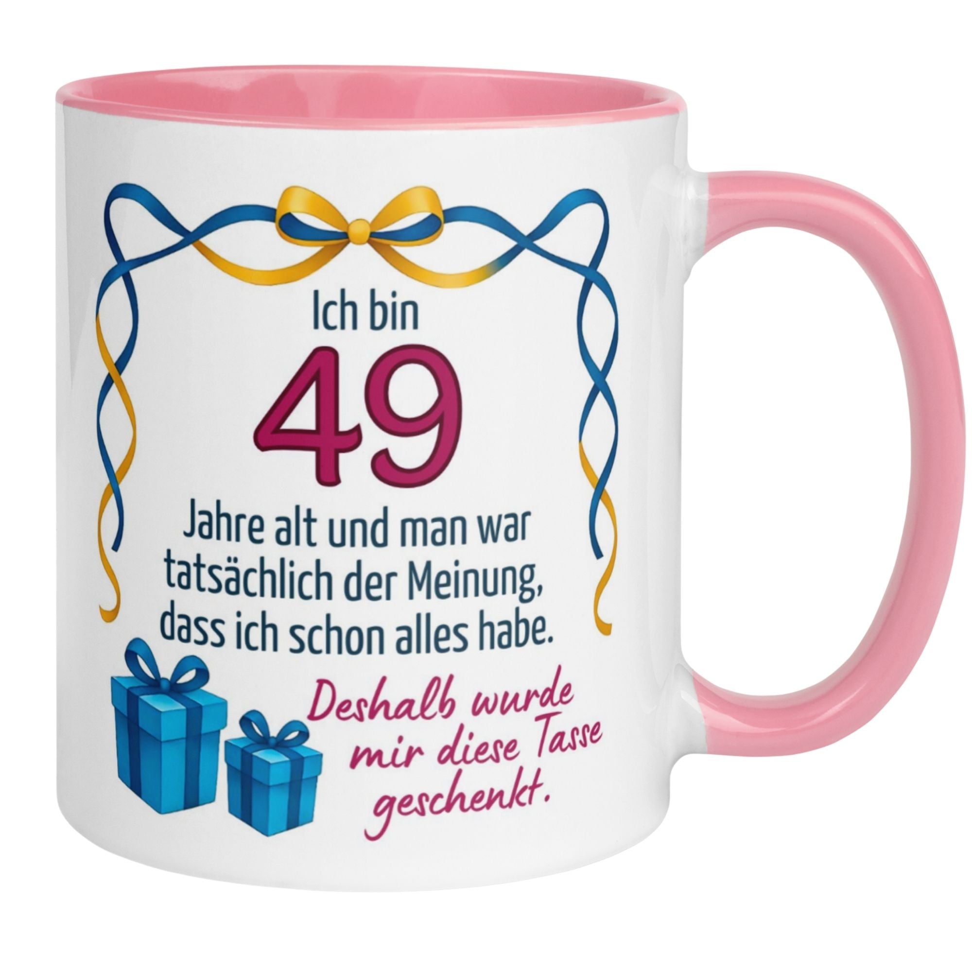 Witzige Geburtstagstasse für Frauen, feiert 49 Jahre mit humorvollem Spruch und buntem Design.