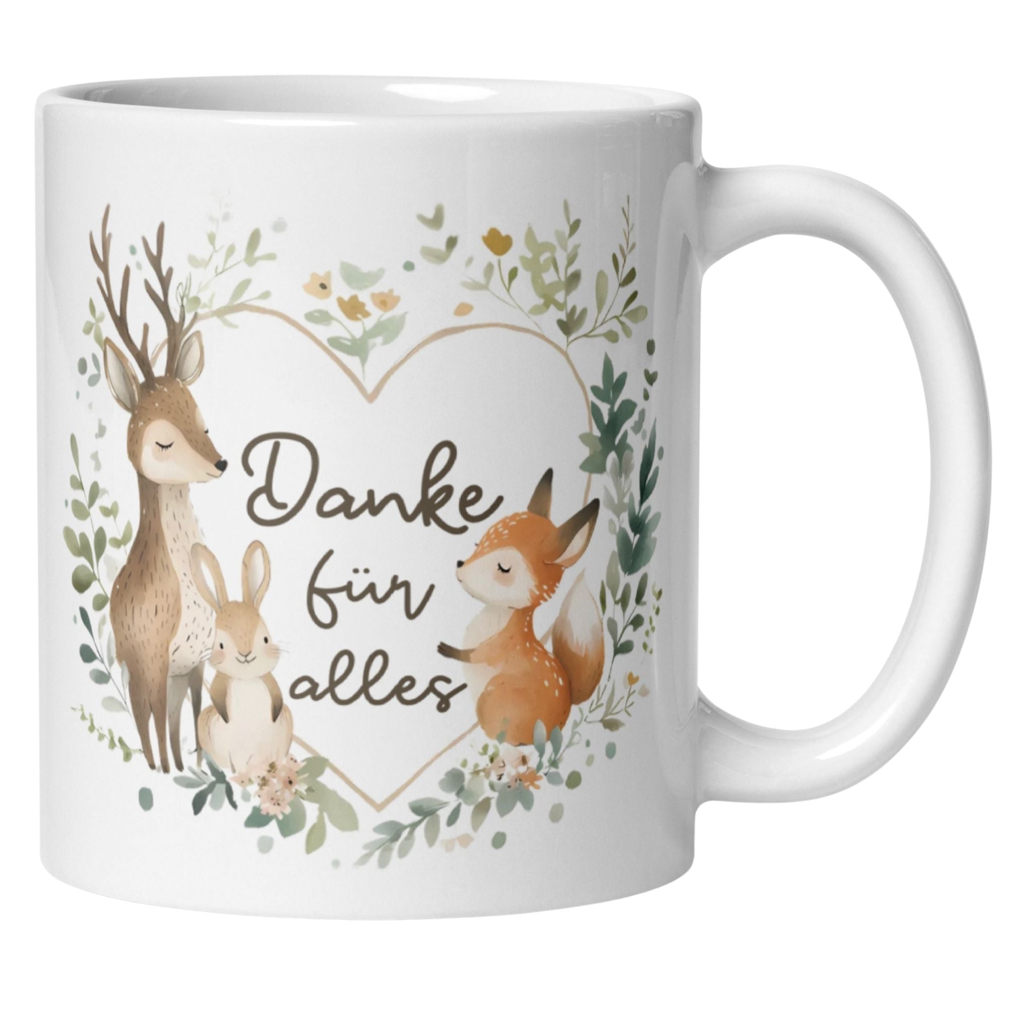 Keramiktasse mit Aquarell-Motiv von Waldtieren und 'Danke für alles' Schriftzug.