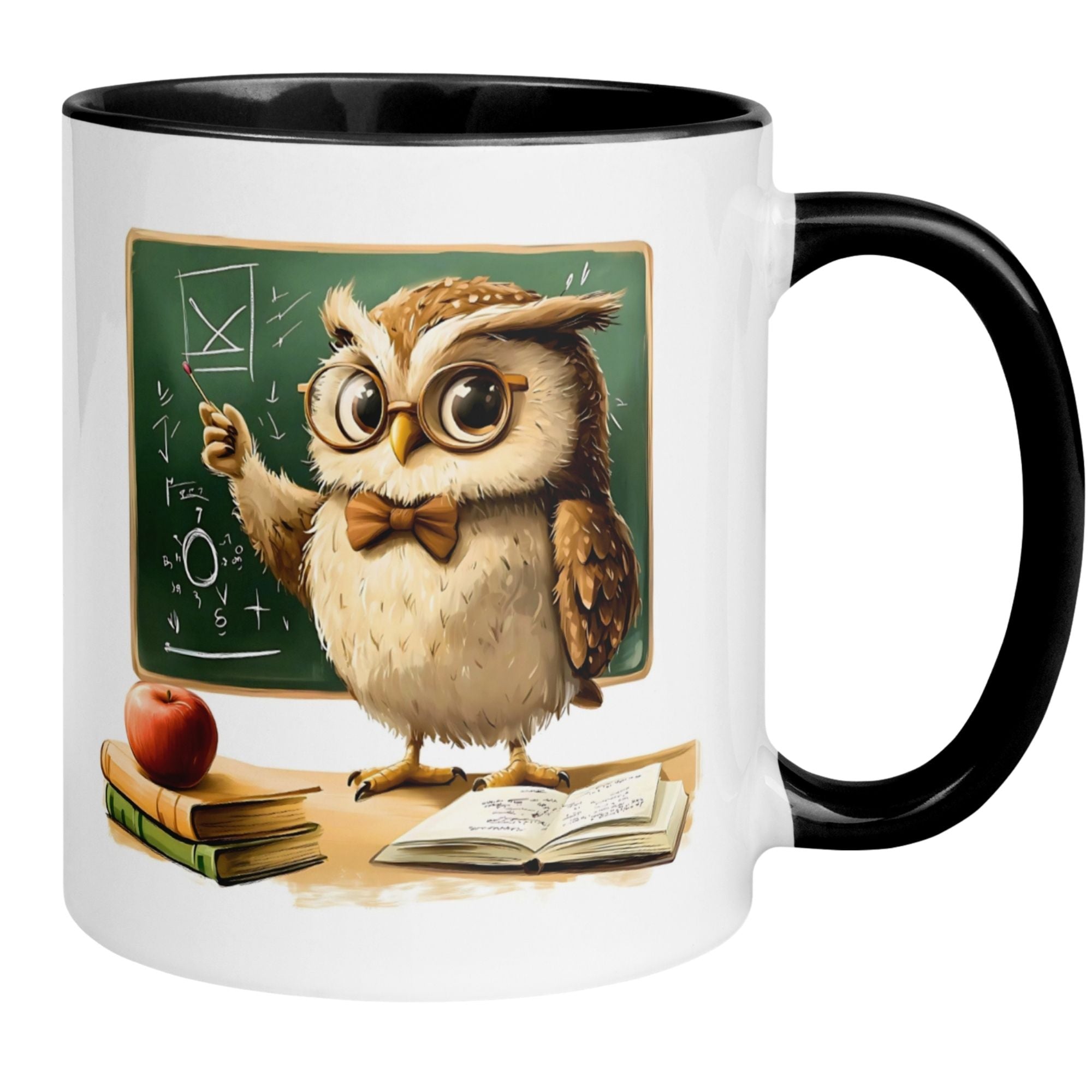 Momentals Tasse mit Eule in Brille und Fliege vor Schultafel, ideal für Lehrer und Bildungsfans.