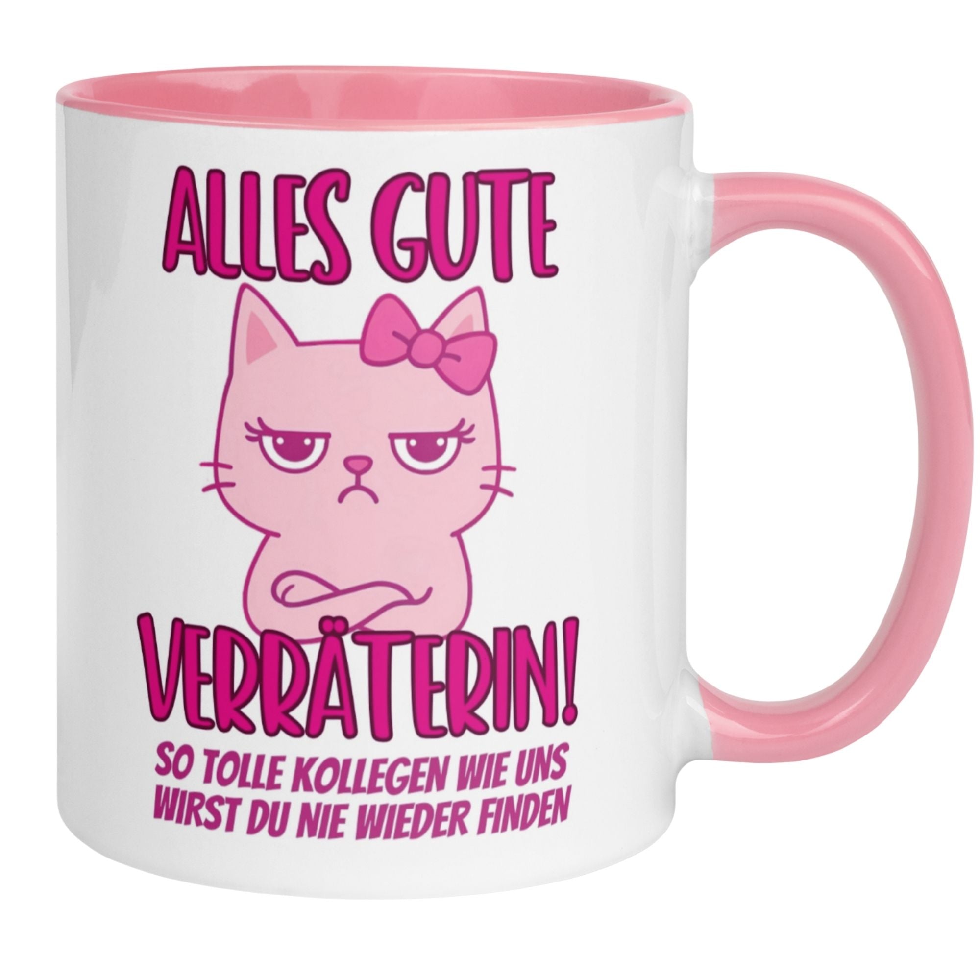 Momentals Tasse mit rosa Katze und Spruch "Alles Gute Verräterin!" - perfektes Geschenk für Kolleginnen.