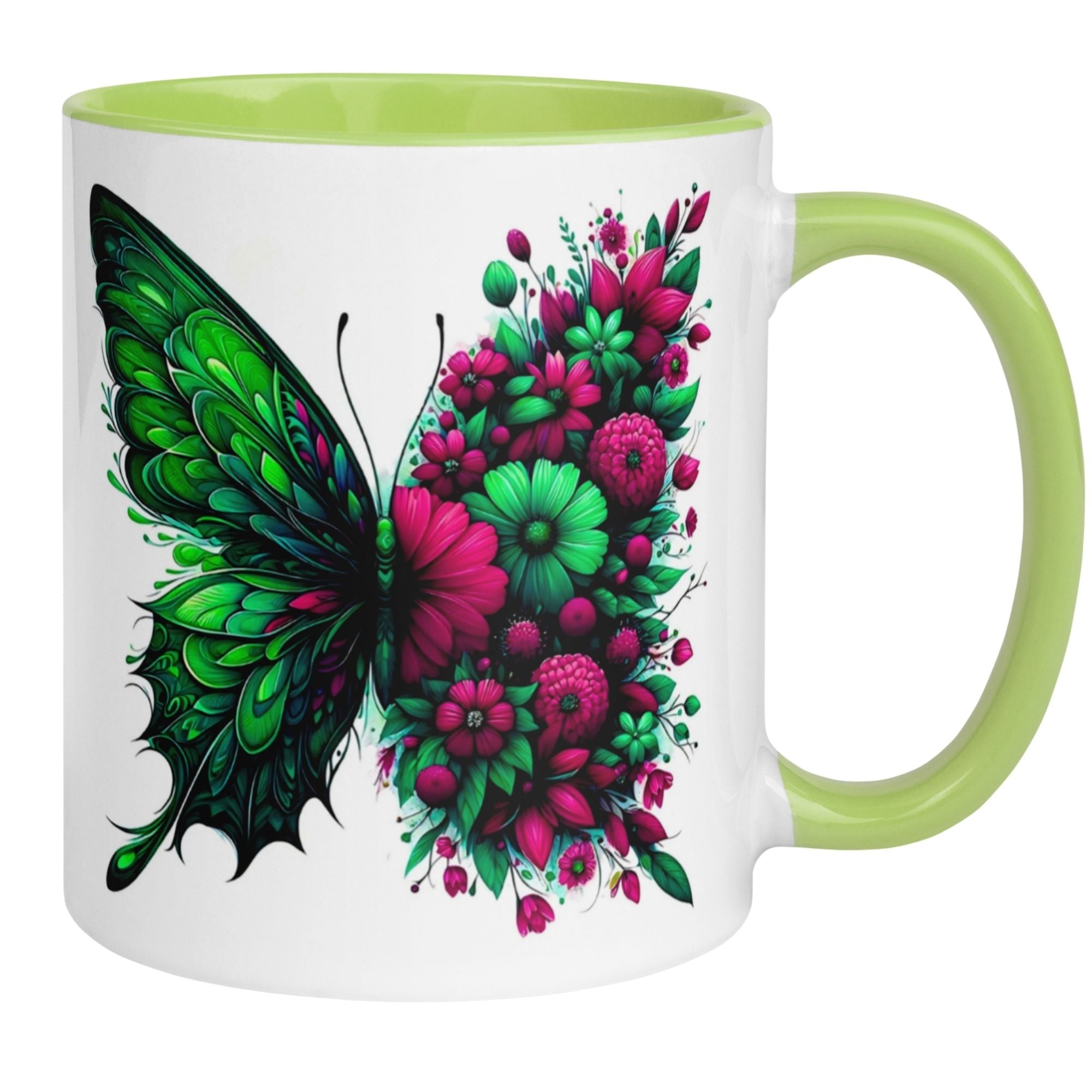 Tasse Schmetterling – „Blütendesign in Smaragdgrün“ – Geschenk mit Schmetterlingen