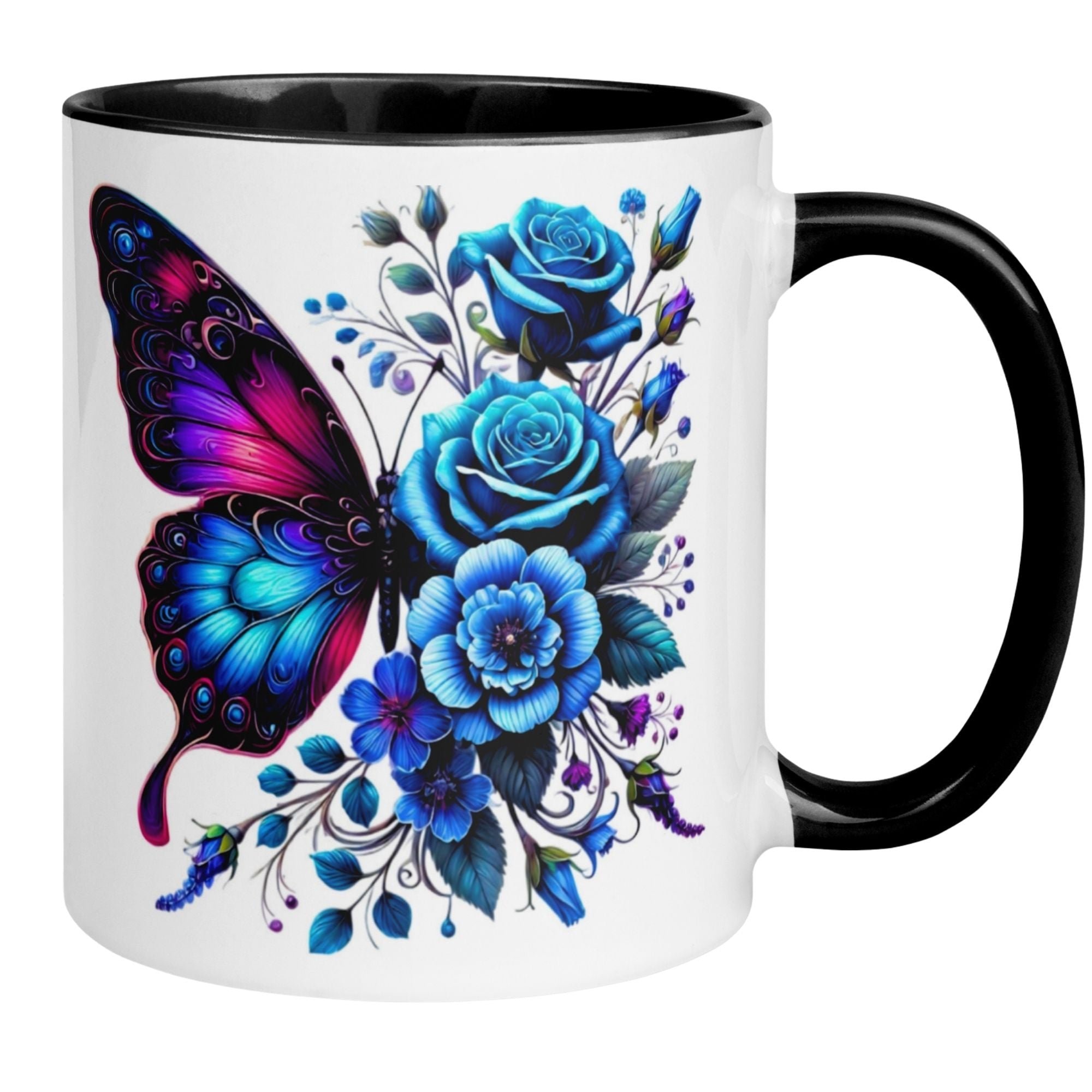 Tasse | Schmetterling & Rosen | Elegantes blaues Blütendesign mit Farbverlauf