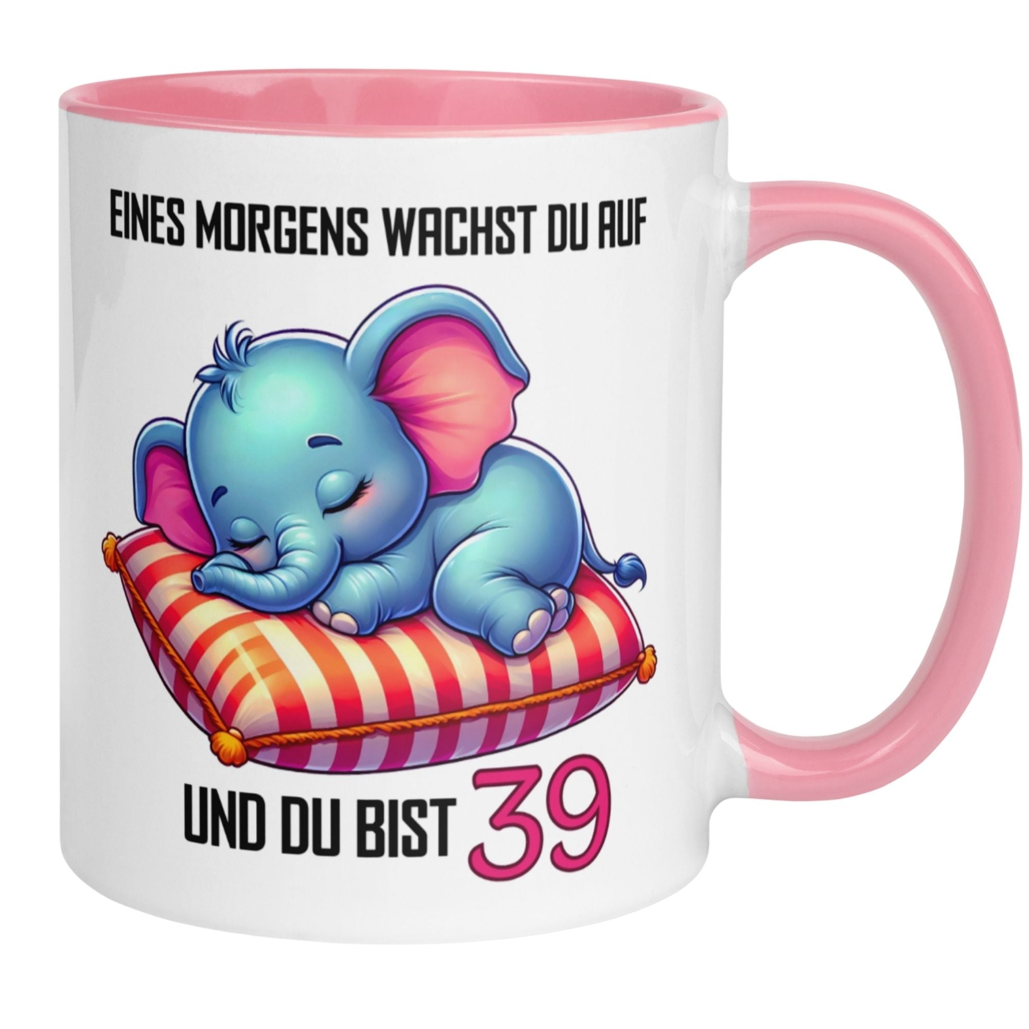 Humorous 39th birthday mug featuring a sleeping elephant with the quote 'Eines Morgens wachst du auf und du bist 39.'