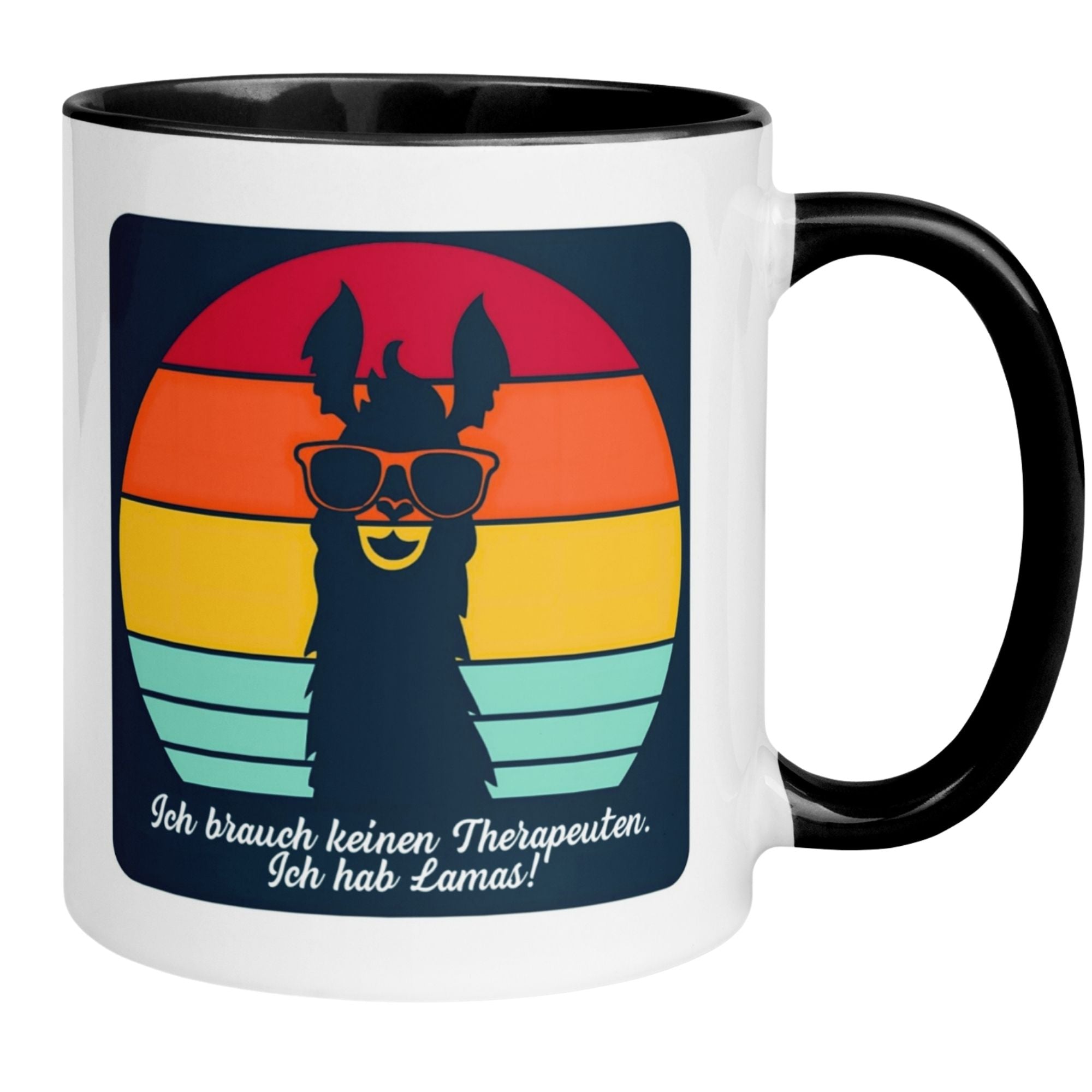 Momentals Tasse mit Lama und Sonnenbrille, Spruch: 'Ich brauch keinen Therapeuten. Ich hab Lamas!'