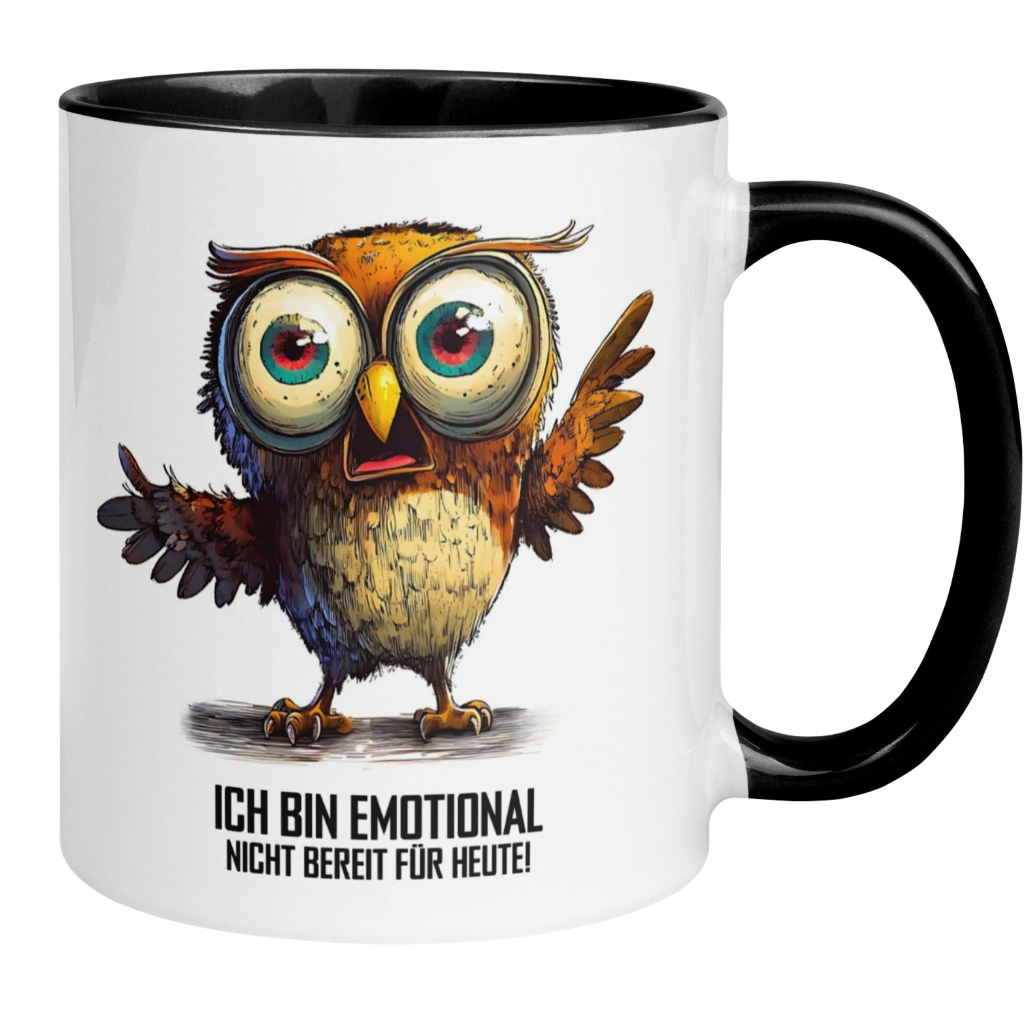 Schwarz-weiße Tasse mit einem humorvollen Eulen-Motiv und dem Spruch 'Ich bin emotional nicht bereit für heute!'.
