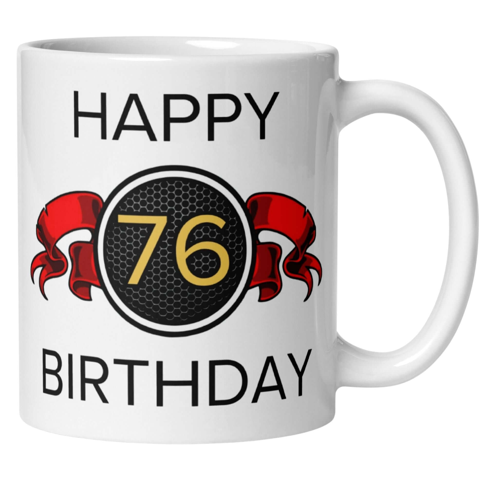 Hochwertige Tasse zum 76. Geburtstag mit rotem Schleifenmotiv und elegantem Schriftzug Happy Birthday 76