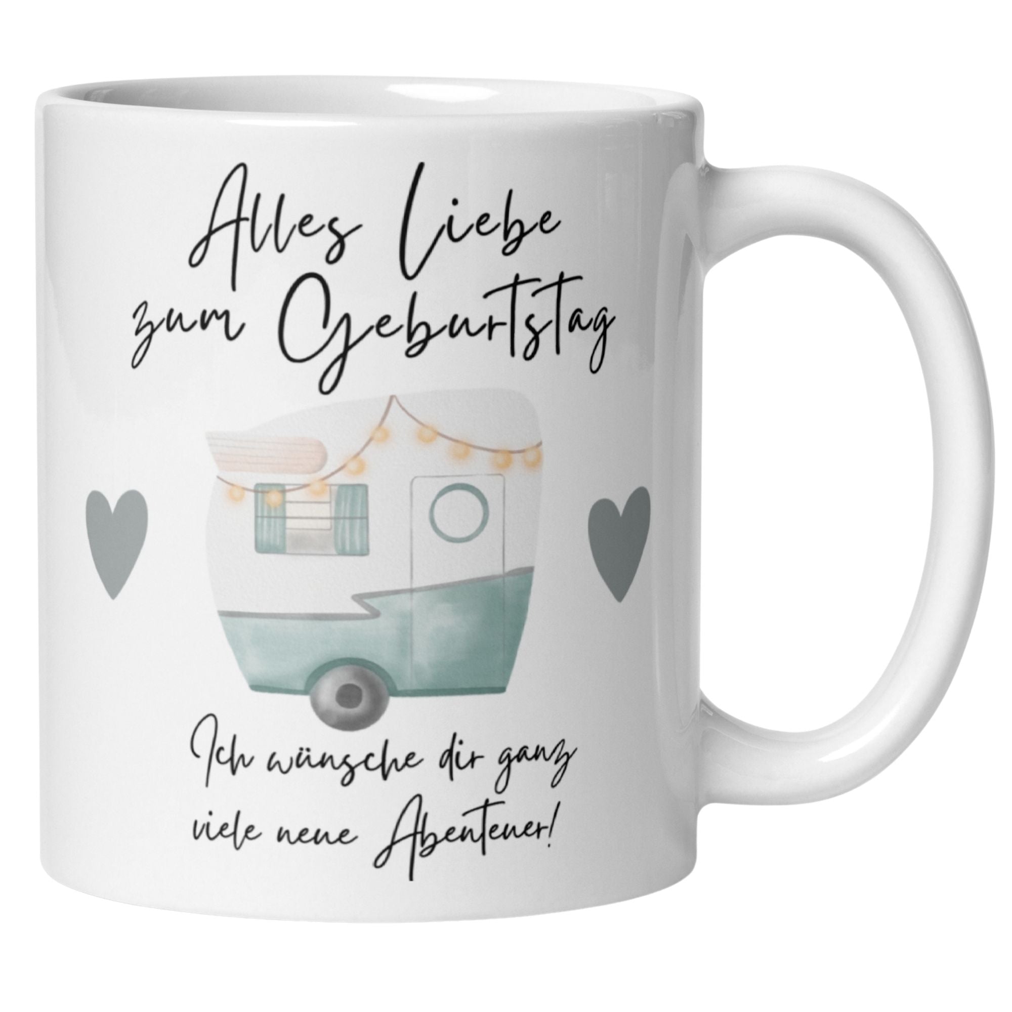 Momentals® Geburtstagstasse mit Camper-Design und liebevollen Glückwünschen für neue Abenteuer.