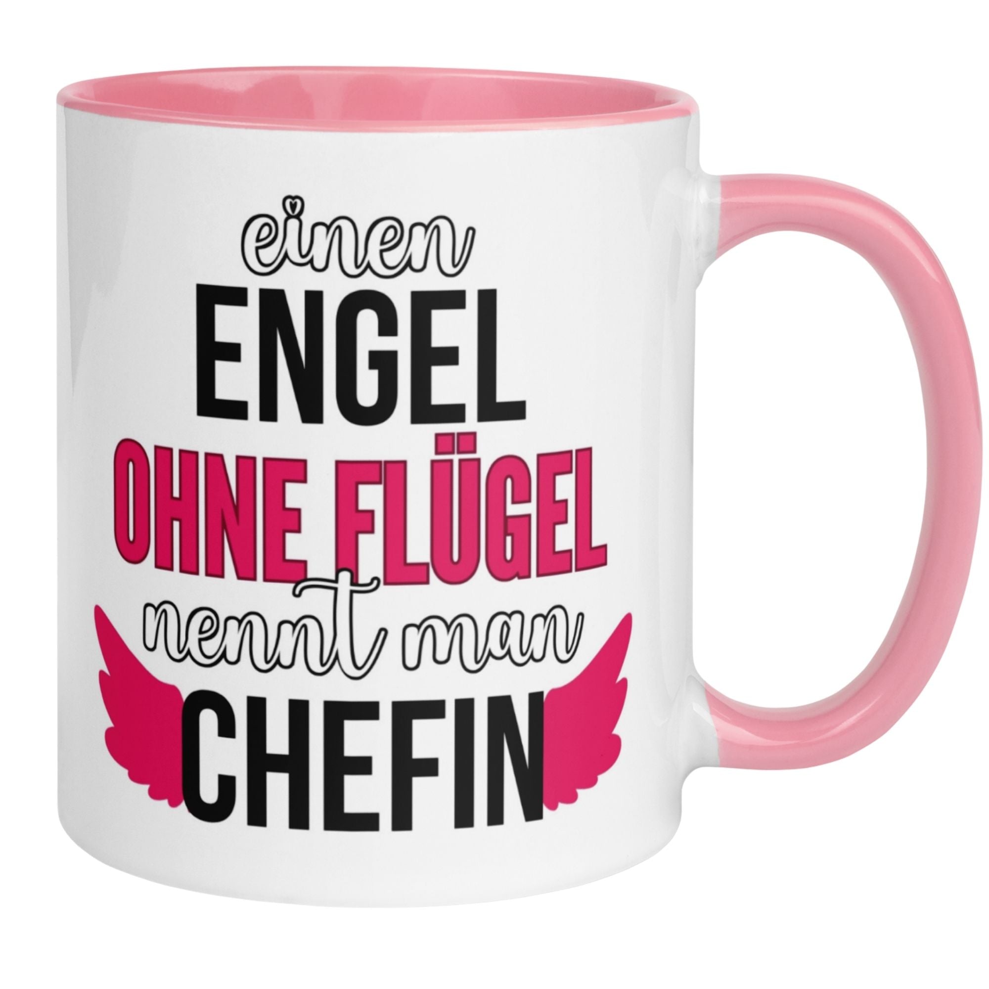 Momentals Tasse Chefin mit Spruch: "Einen Engel ohne Flügel nennt man Chefin" und pinken Engelsflügeln.