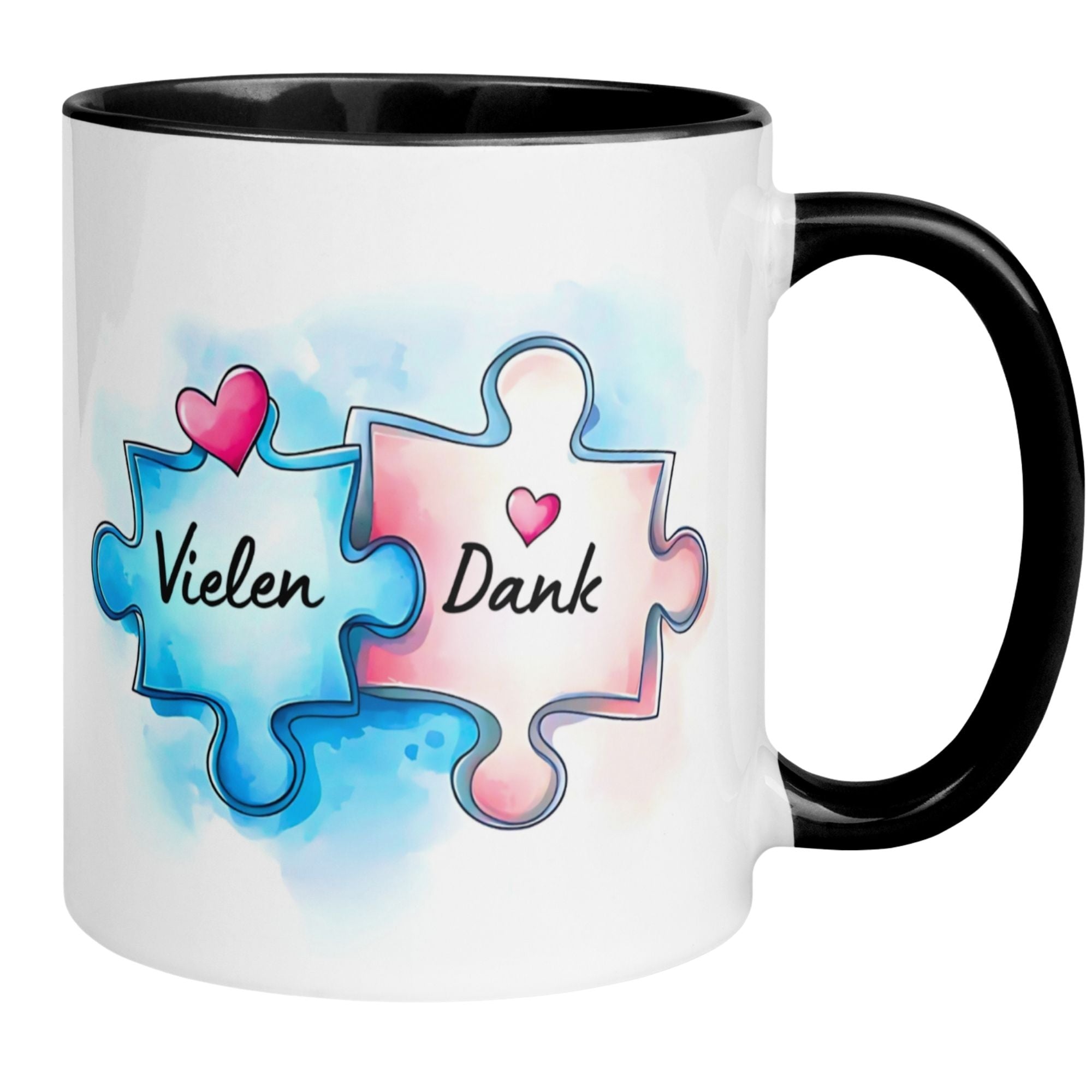 Momentals Tasse Danke mit Aquarell-Puzzlemotiv für Wertschätzung und herzlichen Dank.