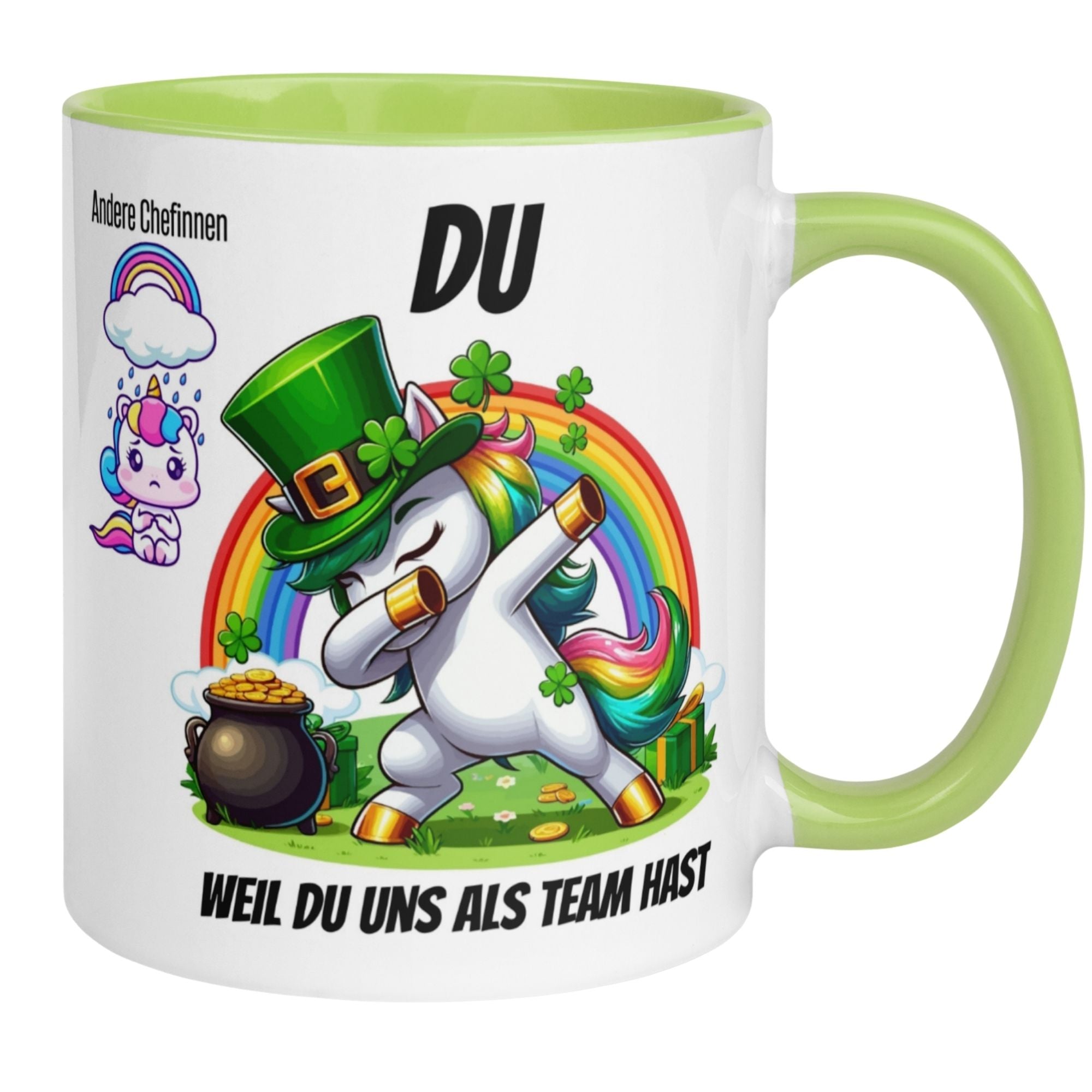 Momentals Tasse mit Einhorn, Regenbogen und Spruch für Chefinnen, humorvoll und respektvoll.