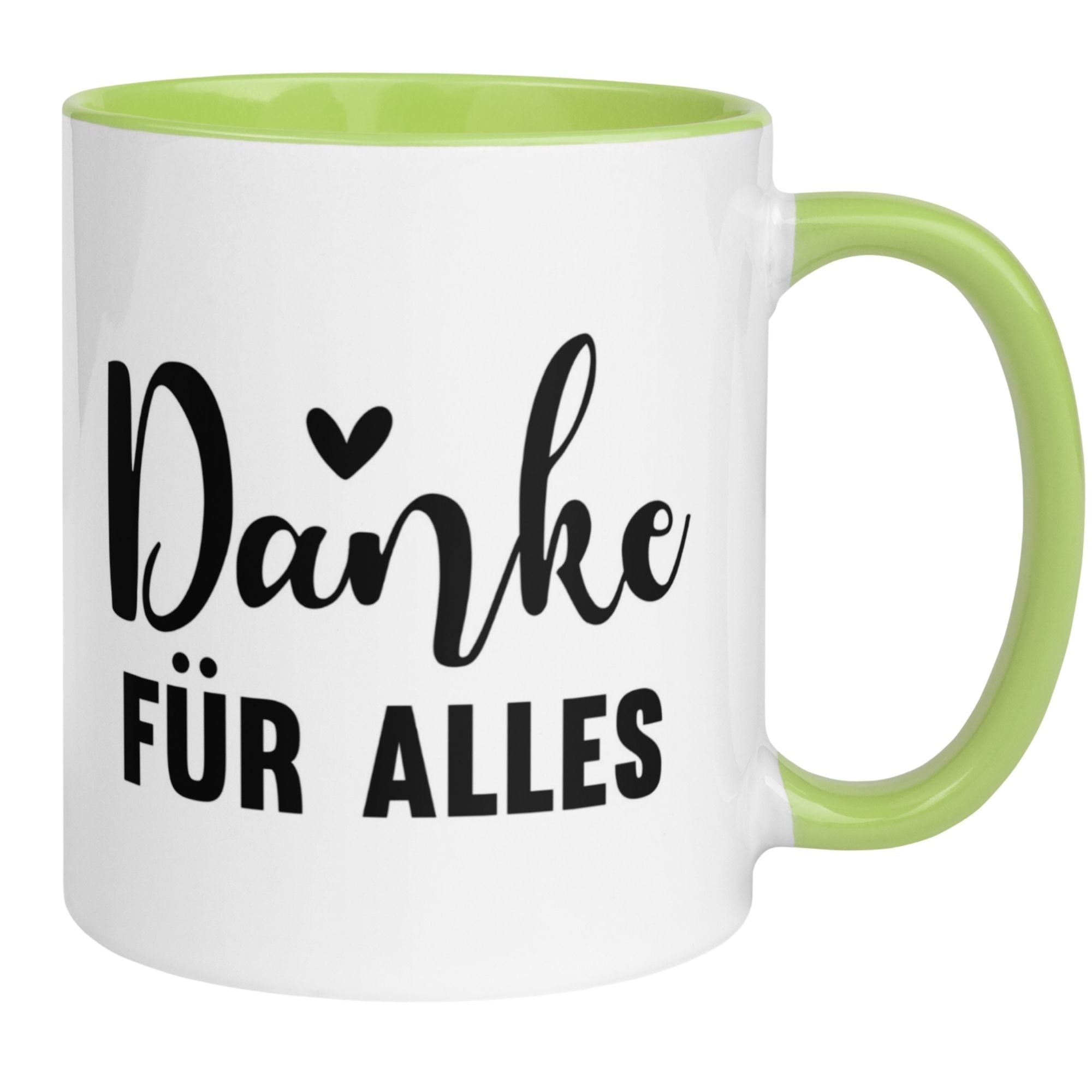 Momentals Tasse mit dem Schriftzug 'Danke für alles' und grünem Henkel, ideal für Wertschätzung in jeder Kaffeepause.