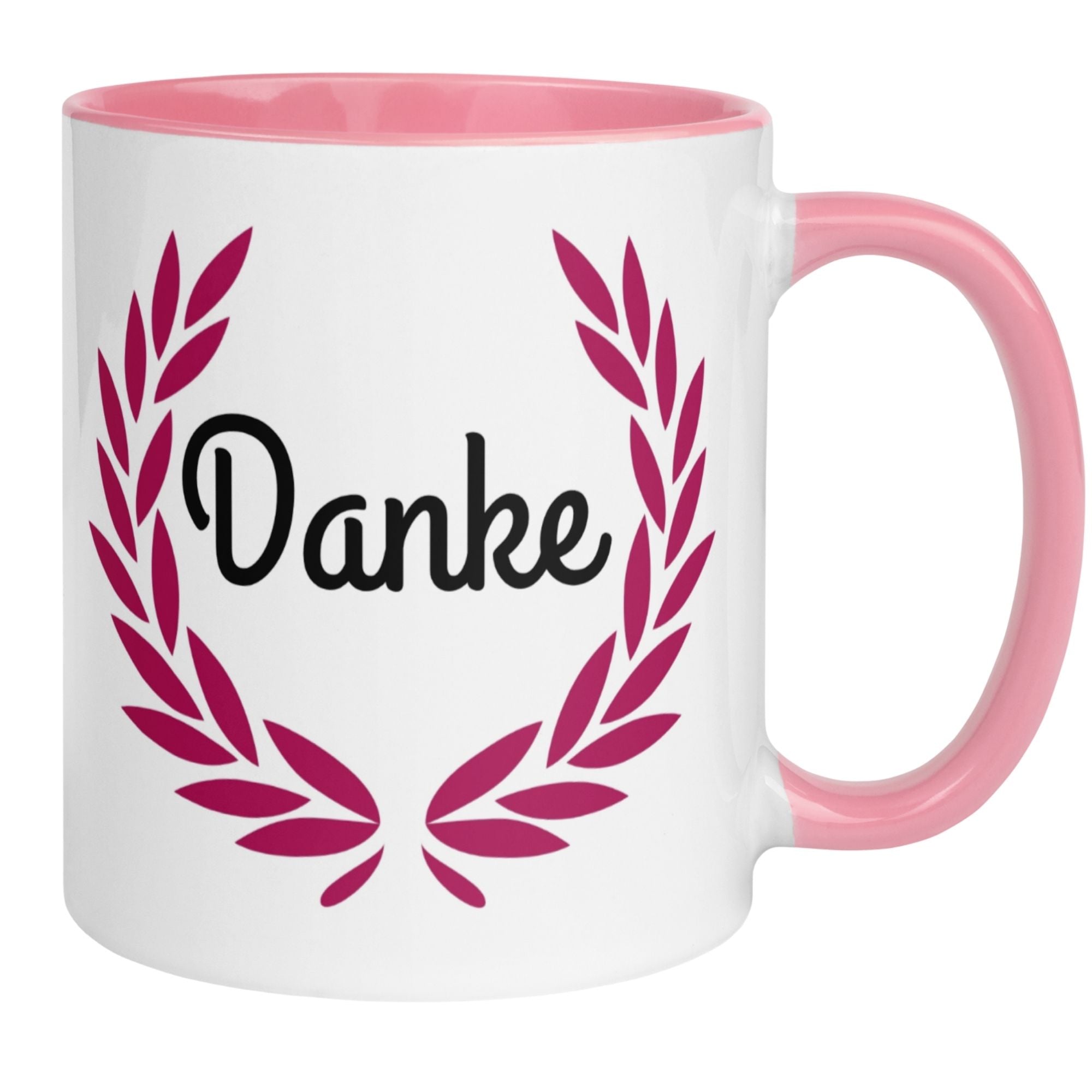 Momentals Tasse mit pinkem Henkel und Blätterkranz, beschriftet mit 'Danke', ideal für Wertschätzungsgeschenke.