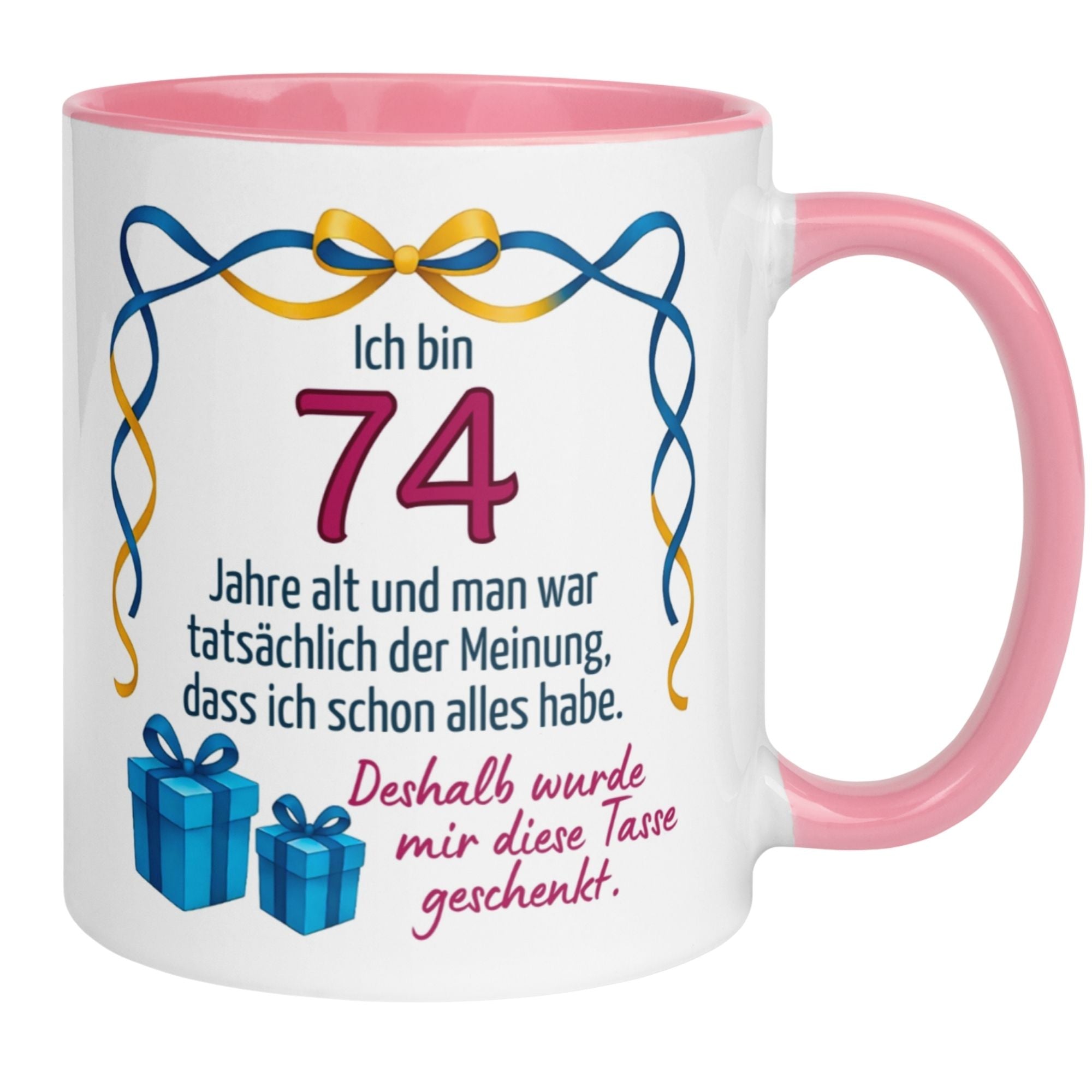 Momentals® Tasse zum 74. Geburtstag mit humorvollem Spruch und Geschenk-Motiv für Frauen.
