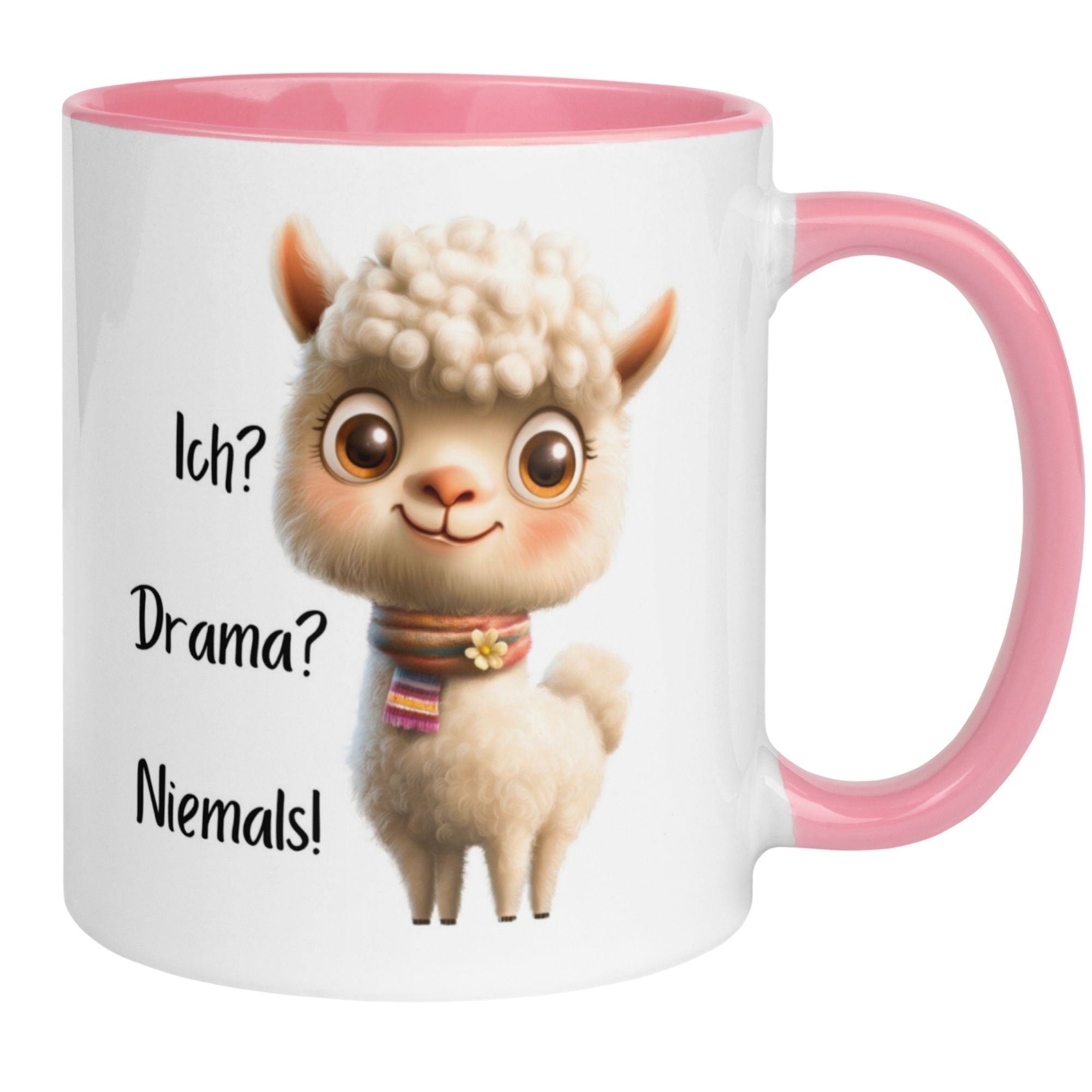 Bunte Momentals Tasse mit süßem Alpaka und Spruch: 'Ich? Drama? Niemals!' für Tierliebhaber.